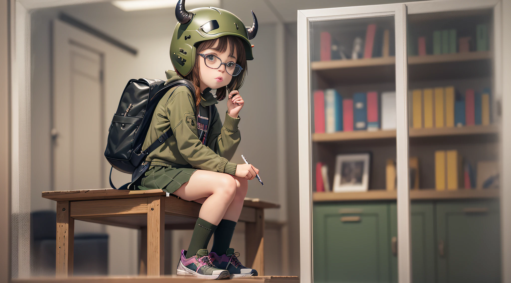 Five-year-old girl in bull demon helmet, carrying olive green backpack, denim strap skirt, black-framed glasses, sitting at desk writing homework, full body shot, three views, Pux style-ar 16:9 --auto --s2