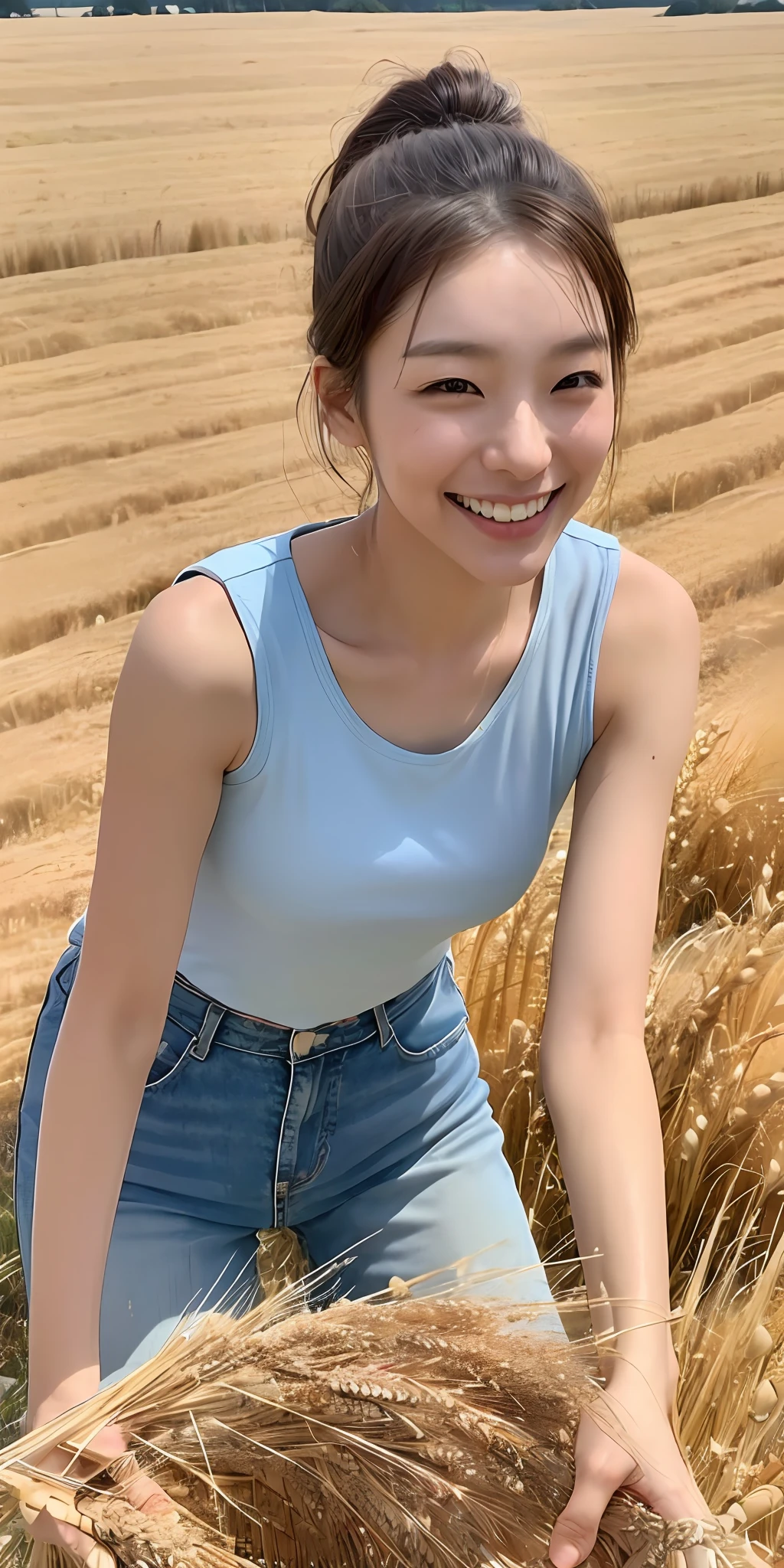 Korean woman, (masterpiece, beautiful person, polluted smile), virtual YouTube, doing farm work in the country, (being (cutting wheat: 1.4)), (bending over), pushing a cart, fertilizing, weeding, plain face, no makeup, rural girl, ponytail, detailed skin texture. Detailed cloth texture, fine and detailed face, masterpiece, slim waist, slim body.