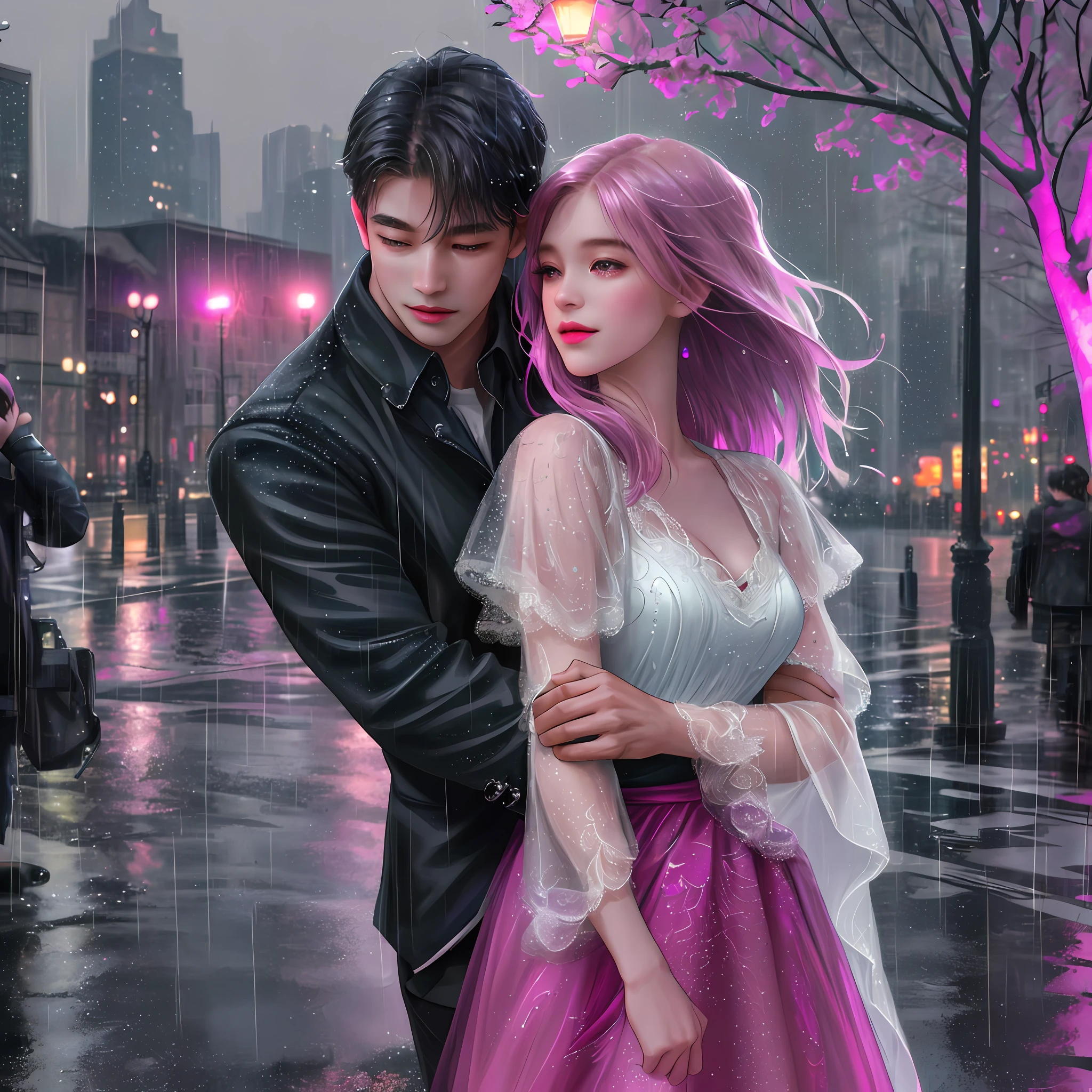 Intimate and high-quality photos of (couples:1.2) in (rain:1.1), (breathtaking lighting:1.1), sexy, passionate, exquisitely detailed, (soaked:1.1) with (shimmering droplets:1.1), city background, Sony Alpha 7R IV Camera, Digital Photo, f/2.8 lens, magenta blue tone, , Too many realistic textures, trends on social media