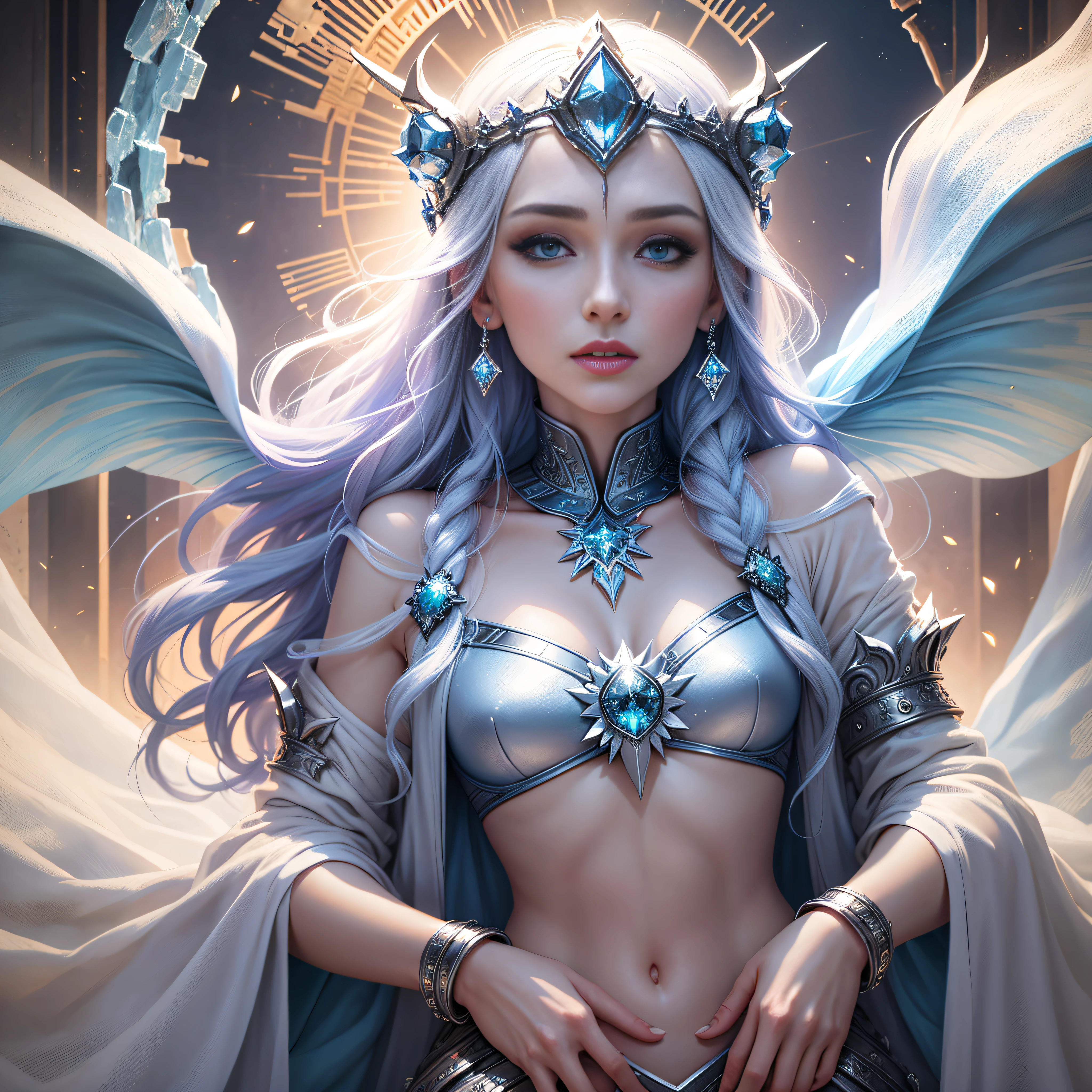 `an ice queen in a kingdom with the sun in the background, high definition, rich in details` --auto --s2
