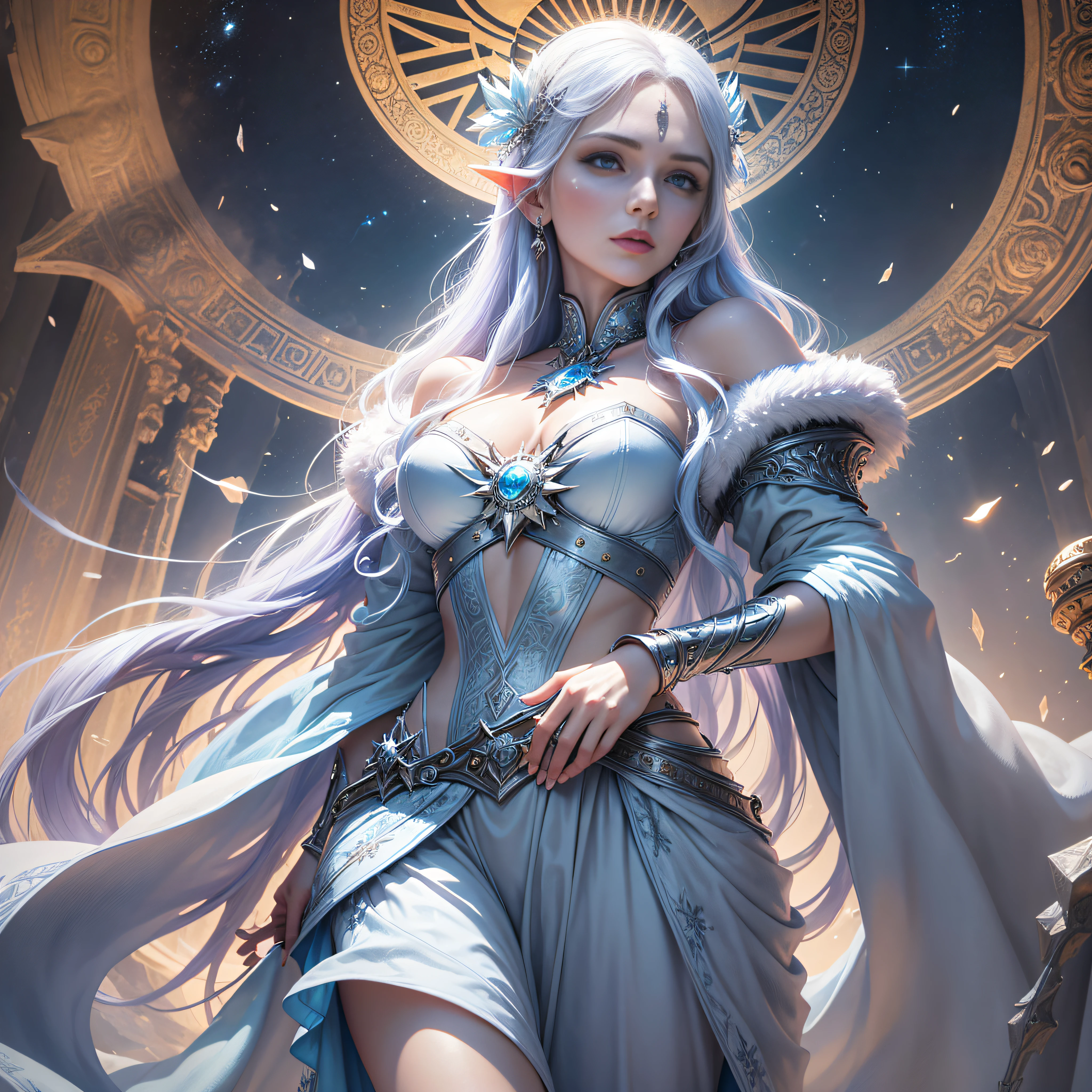 `an ice queen in a kingdom with the sun in the background, high definition, rich in details` --auto --s2