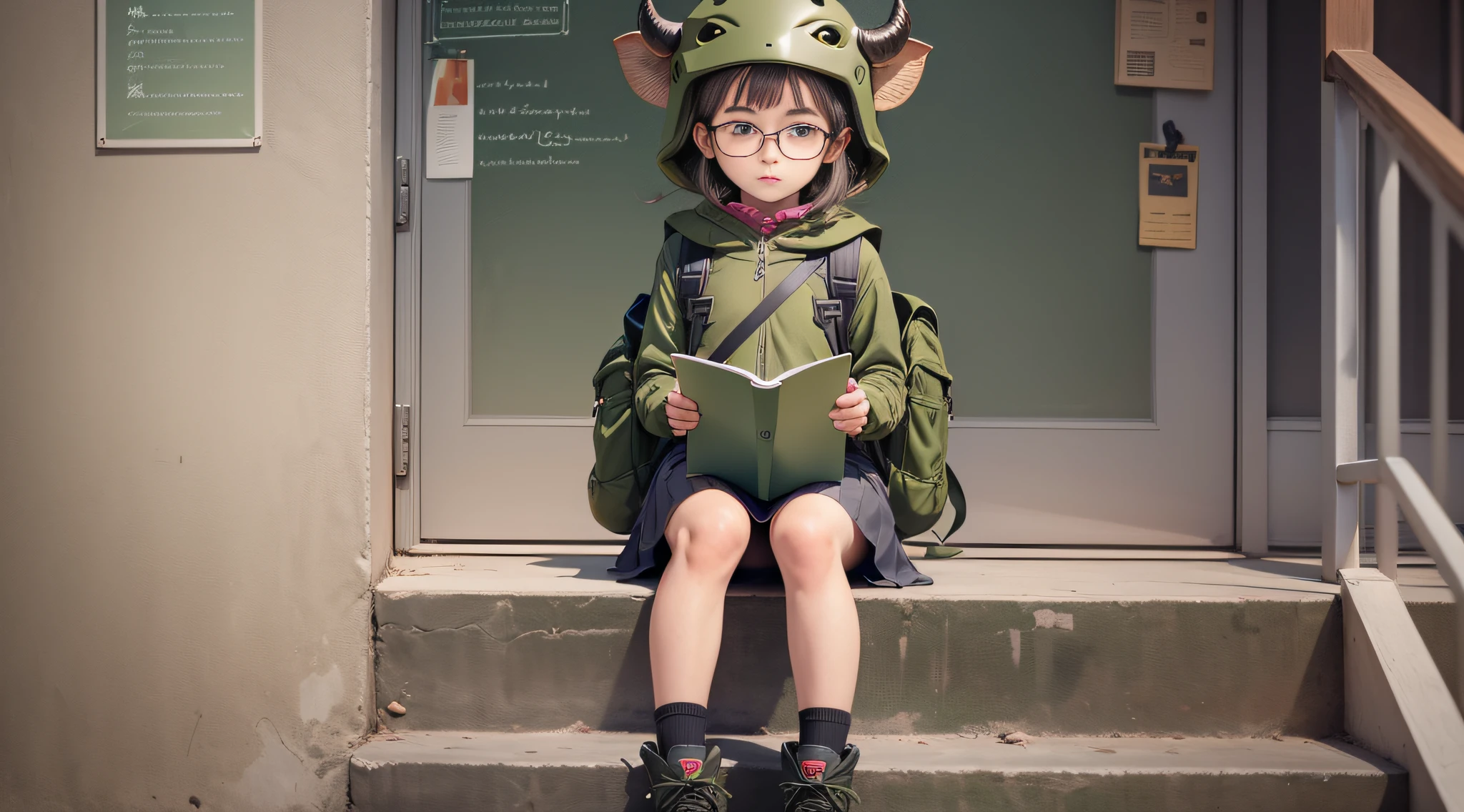 -year girl bull demon helmet, carrying olive green backpack, denim strap skirt, black-framed glasses, sitting at desk writing homework, full body shot, three views, Pux style-ar 16:9 --auto --s2