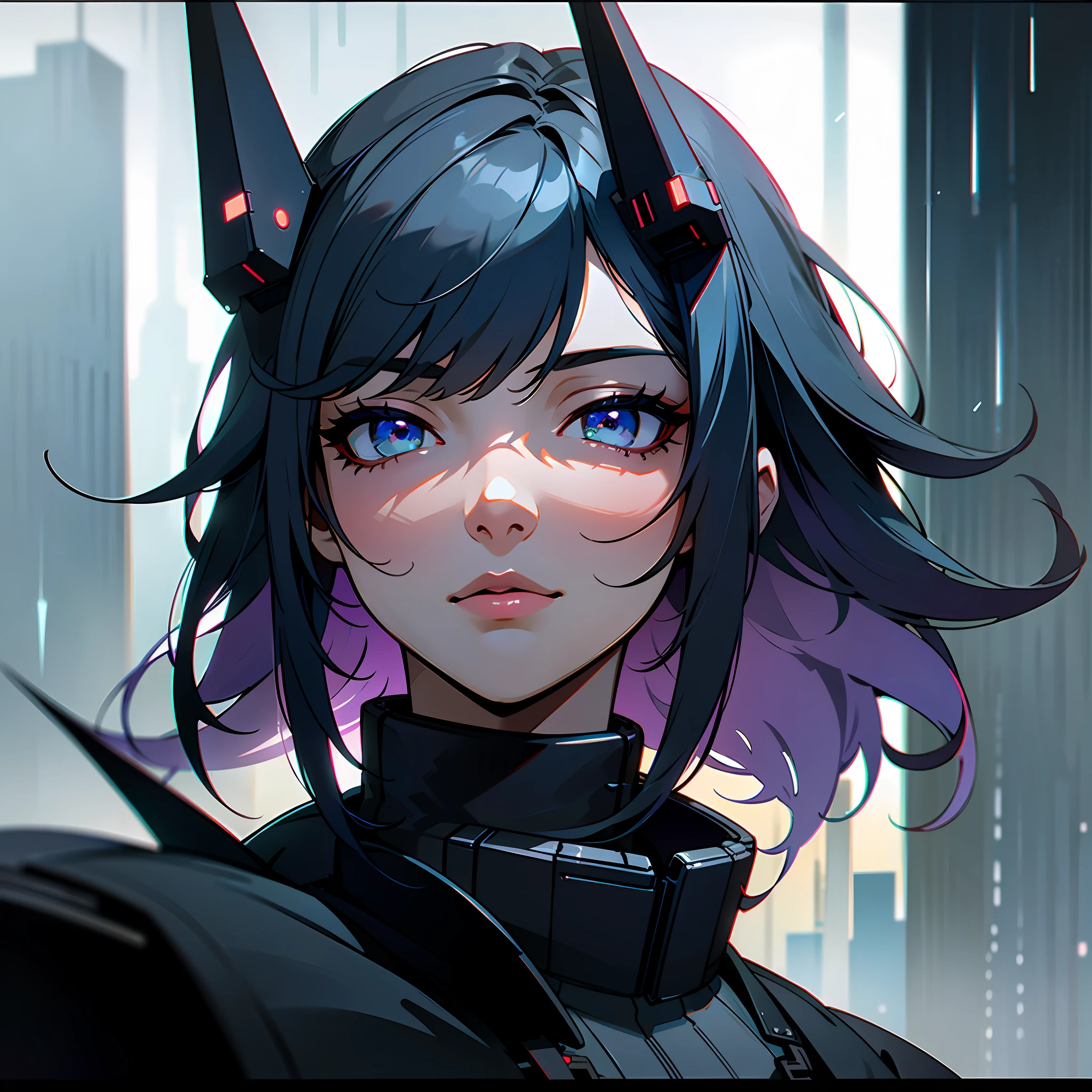 cyber city, many buildings, dark colors, rain, thunderstorm, rainy evening, beautiful ((Best quality)), ((masterpiece)), (very detailed:1.3)High resolution, highest quality, illustration, ultra-detailed, (detailed face), (detailed eyes), cinematic lighting, best quality, hyper-detailed, masterpiece,