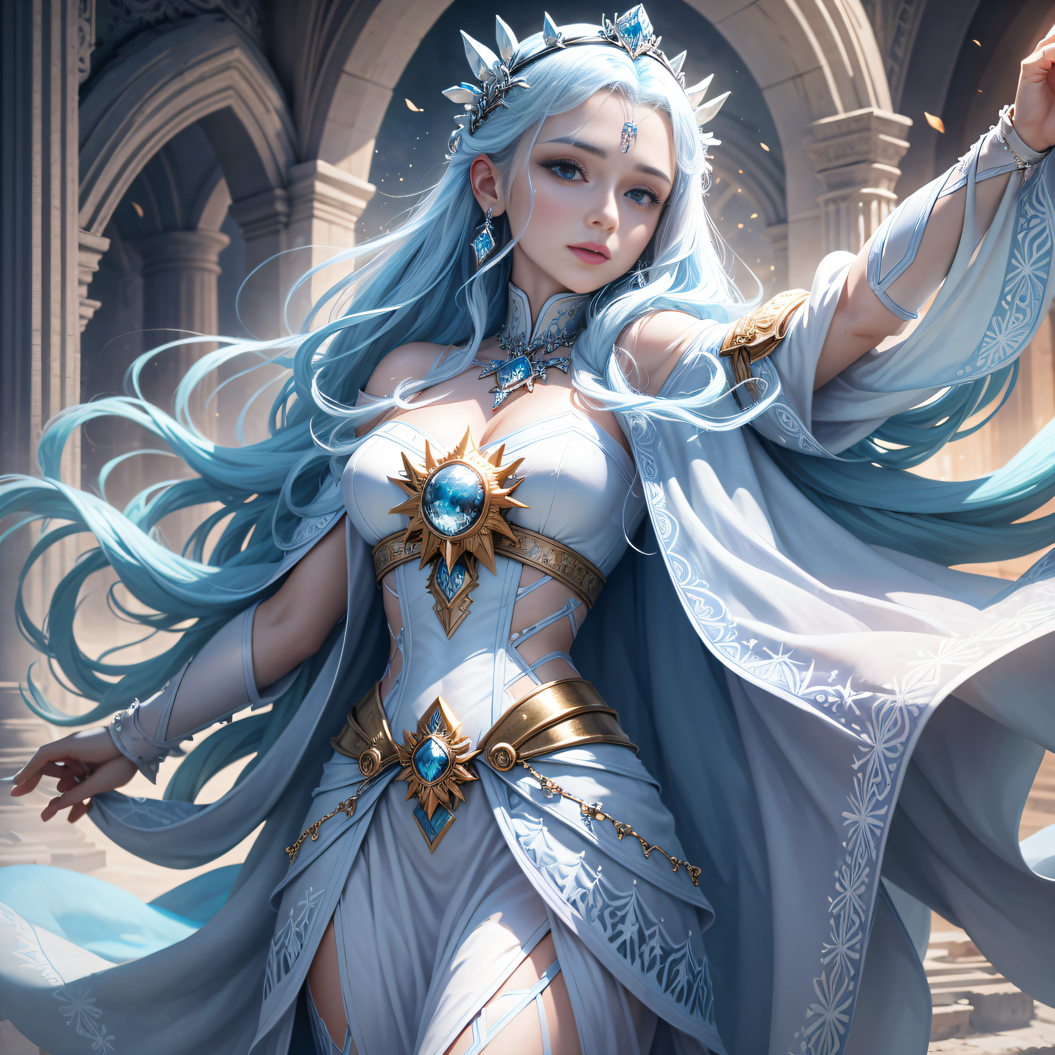 `an ice queen in a kingdom with the sun in the background, high definition, rich in details` --auto --s2