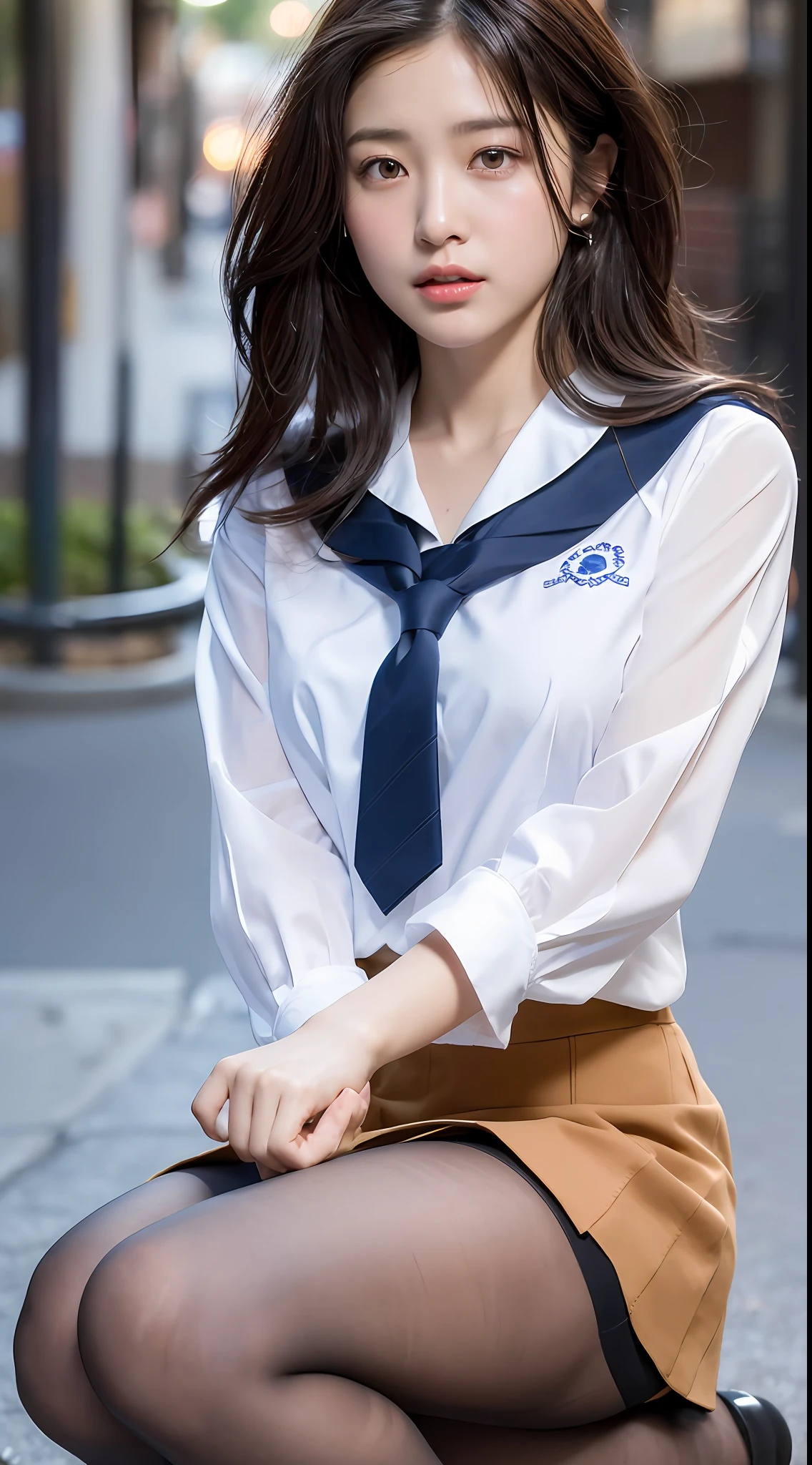 ulzzang-6500-v1.1, (Raw photo:1.2), (Photorealistic:1.4), Beautiful detailed girl, Very detailed eyes and face, Beautiful detailed eyes, Ridiculous, Incredibly ridiculous, Huge file size, Ultra detailed, High Definition, Very detailed, Best quality, Masterpiece, Kemomimi, ((Japan Girls' High School Uniform)), Illustration, Very detailed, CG, Unification, 8k wallpaper, fantastic, fine detail, masterpiece, best quality, highly detailed cg uniform 8k wallpaper, light on face, movie lighting, 16 year old girl, (without panties)), ((dynamic pose))), (?????????), (half), (pantyhose), (sitting legs bending at the knees)) ((top quality, 8K, masterpiece: 1.3)), sharpen: 1.2, Perfect Body Beauty: 1.4, Slim Abs: 1.2, ((Layered Hairstyle, Big: 1.2)), (Wet White Button Long Shirt: 1.1), (Rain, Street: 1.2), Wet: 1.5, Highly Detailed Face and Skin Texture, Detailed Eyes, Double Eyelids, Aspect Looking at Camera