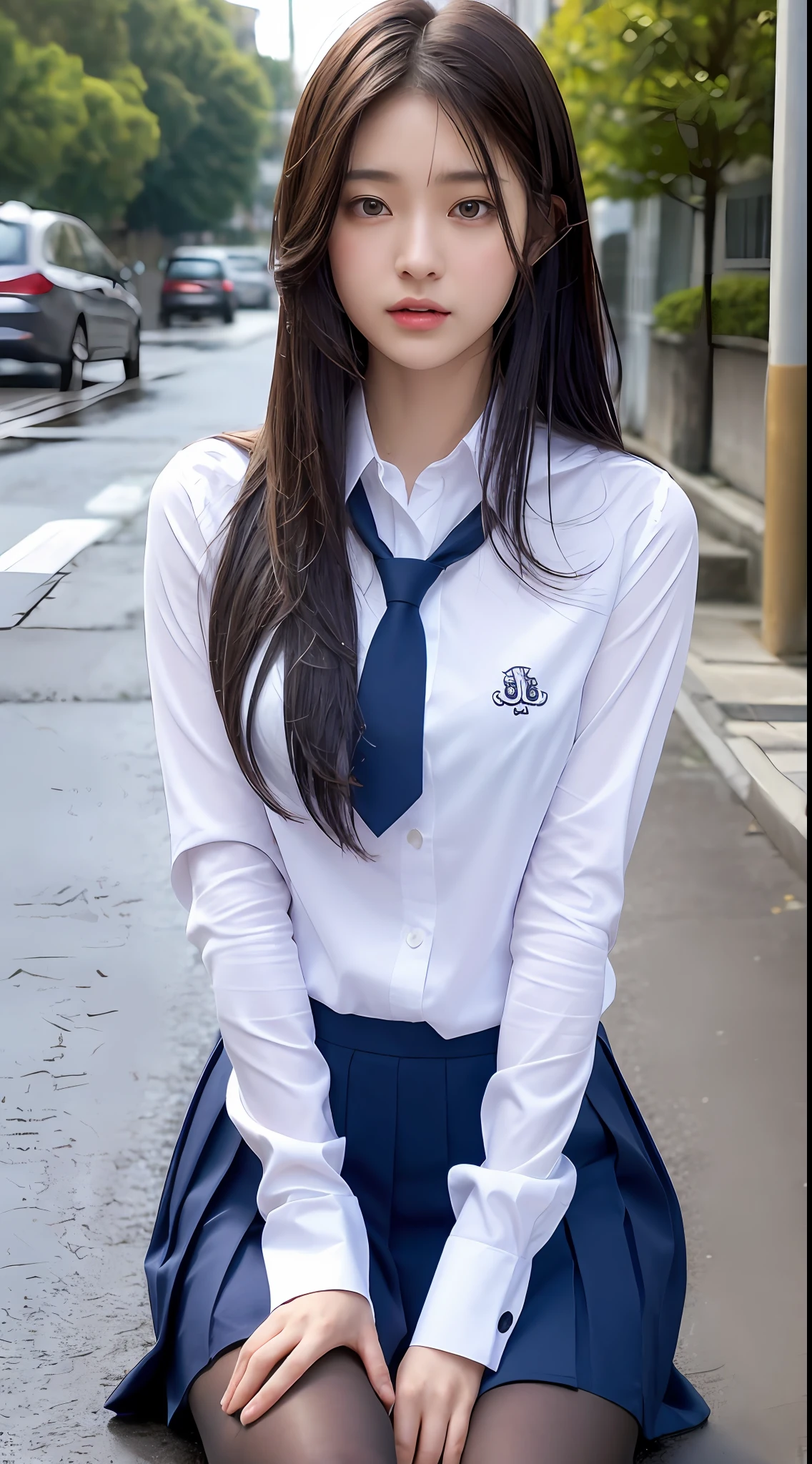ulzzang-6500-v1.1, (Raw photo:1.2), (Photorealistic:1.4), Beautiful detailed girl, Very detailed eyes and face, Beautiful detailed eyes, Ridiculous, Incredibly ridiculous, Huge file size, Ultra detailed, High Definition, Very detailed, Best quality, Masterpiece, Kemomimi, ((Japan Girls' High School Uniform)), Illustration, Very detailed, CG, Unification, 8k wallpaper, fantastic, fine detail, masterpiece, best quality, highly detailed cg uniform 8k wallpaper, light on face, movie lighting, girl, (without panties)), ((dynamic pose))), (camel toe), (half), (pantyhose), (sitting legs bending at the knees)) ((top quality, 8K, masterpiece: 1.3)), sharpen: 1.2, Perfect Body Beauty: 1.4, Slim Abs: 1.2, ((Layered Hairstyle, Big: 1.2)), (Wet White Button Long Shirt: 1.1), (Rain, Street: 1.2), Wet: 1.5, Highly Detailed Face and Skin Texture, Detailed Eyes, Double Eyelids, Aspect Looking at Camera