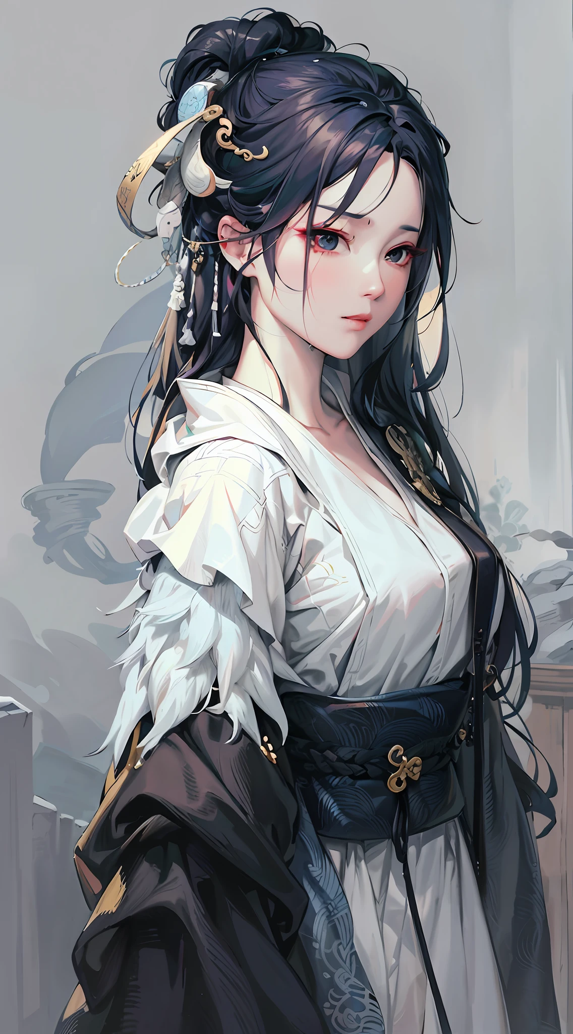 Close-up of a woman with white hair and white mask, beautiful figure painting, Guvitz, Guwiz style artwork, white-haired god, Yang J, epic fine character art, stunning character art, Fan Qi, Wu Jun Shifan, Guwiz in Pixiv Art Station, (NSFW: 1.0)