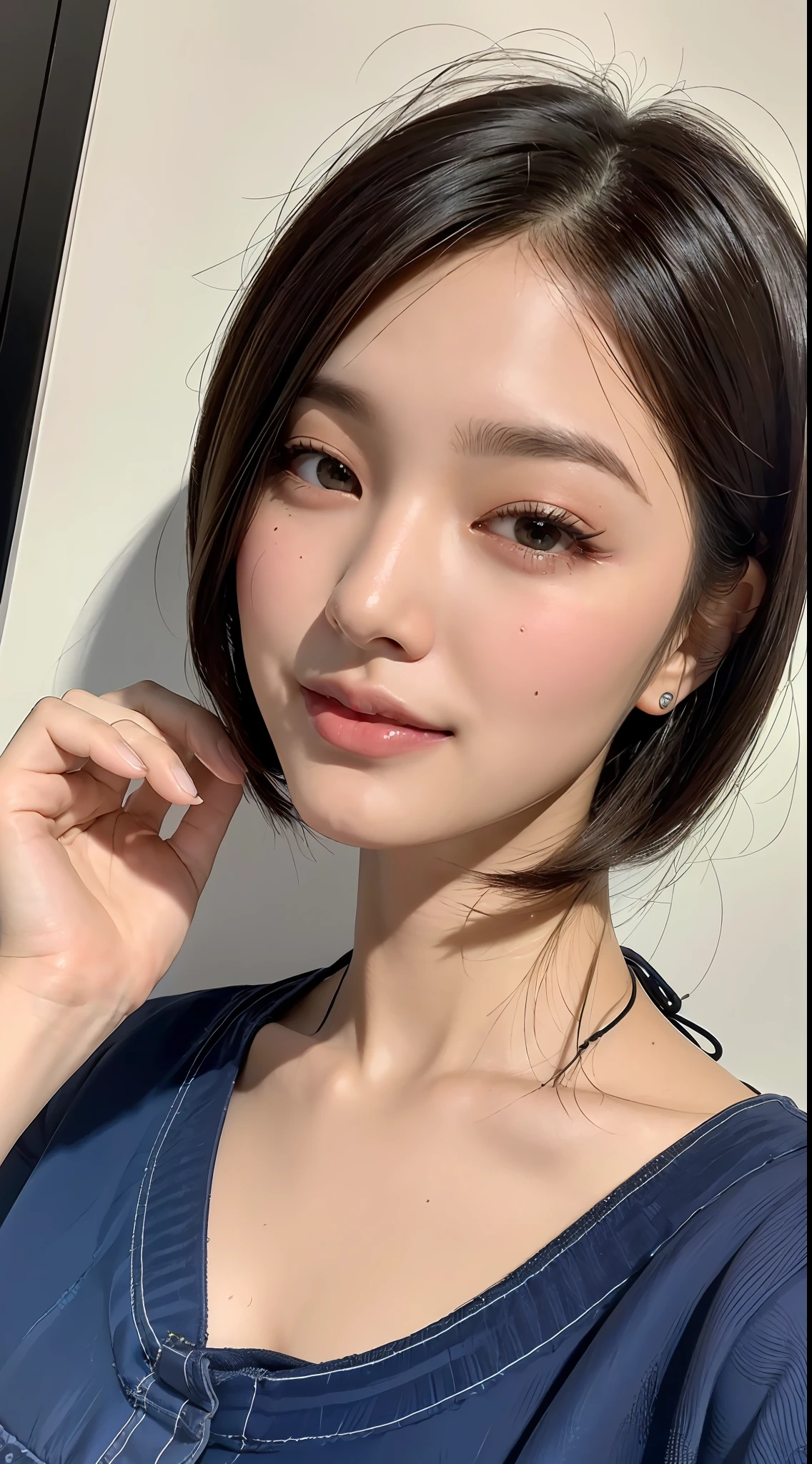 PureErosFace_V1, top quality, ultra high definition, (photorealistic: 1.4), (1 girl), bikini, (ulzzang-6500:1.0), Instagram model, droopy eyes, black hair, brown eyes, blue veins, short hair, smile