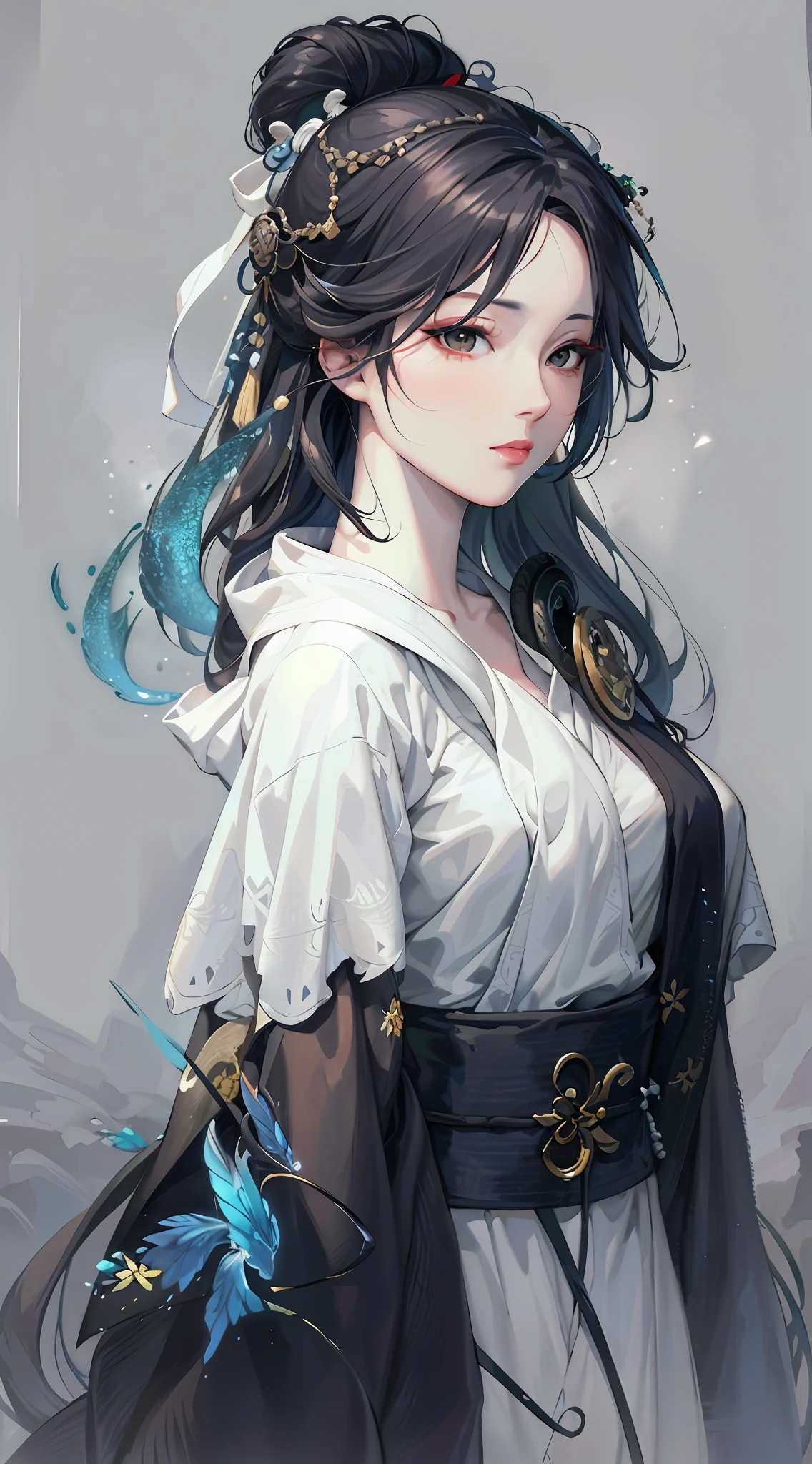 Close-up of a woman with white hair and white mask, beautiful figure painting, Guvitz, Guwiz style artwork, white-haired god, Yang J, epic fine character art, stunning character art, Fan Qi, Wu Jun Shifan, Guwiz in Pixiv Art Station, (NSFW: 1.0)