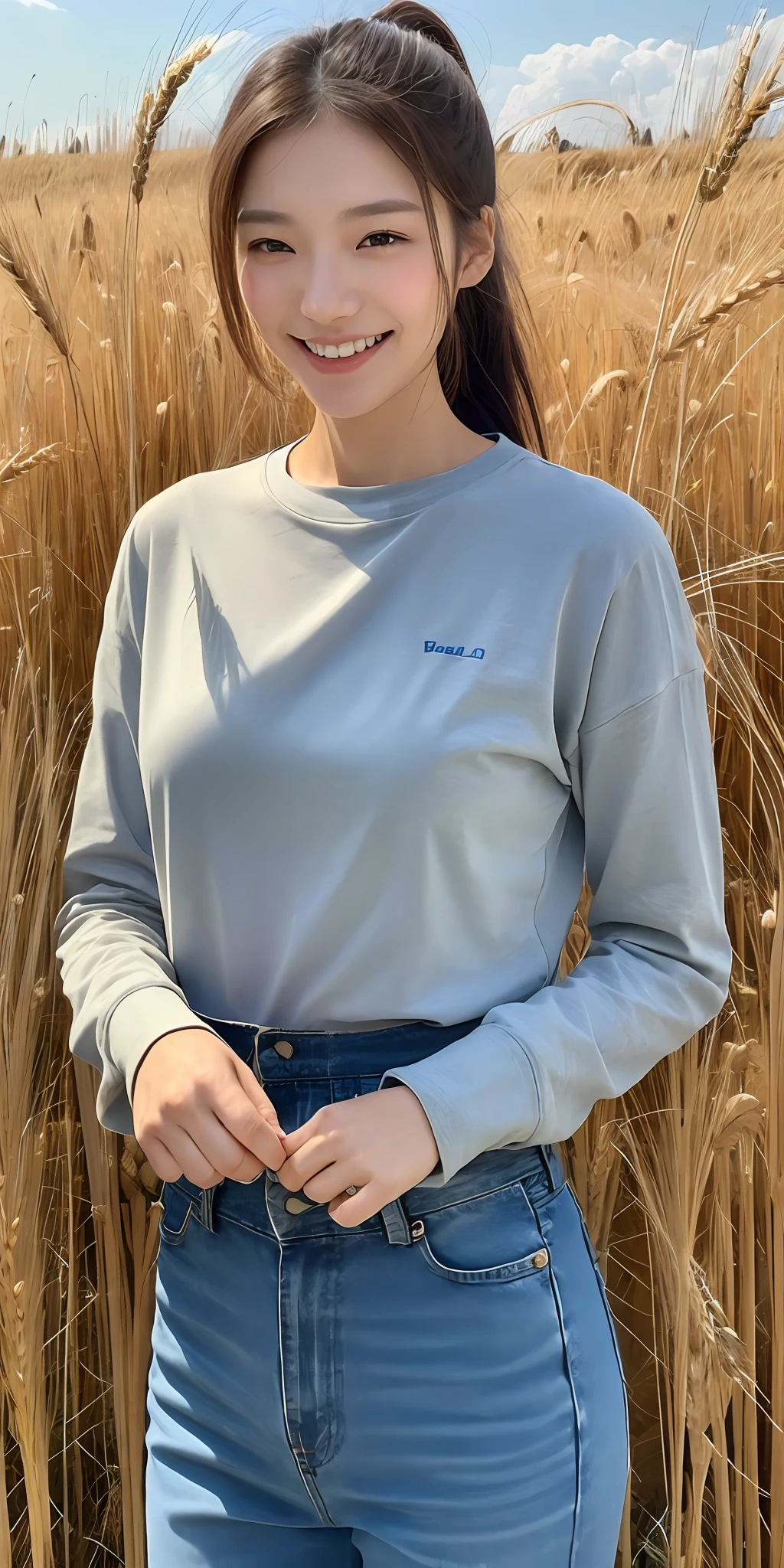 Korean woman, (masterpiece, beautiful person, polluted smile), virtual YouTube, doing farm work in the country, (being (cutting wheat: 1.4)), fertilizing, weeding, plain face, no makeup, country girl, ponytail, faded gray long sleeve shirt, brown trousers, detailed skin texture. Detailed cloth texture, fine and detailed face, masterpiece, slim waist, slim body.