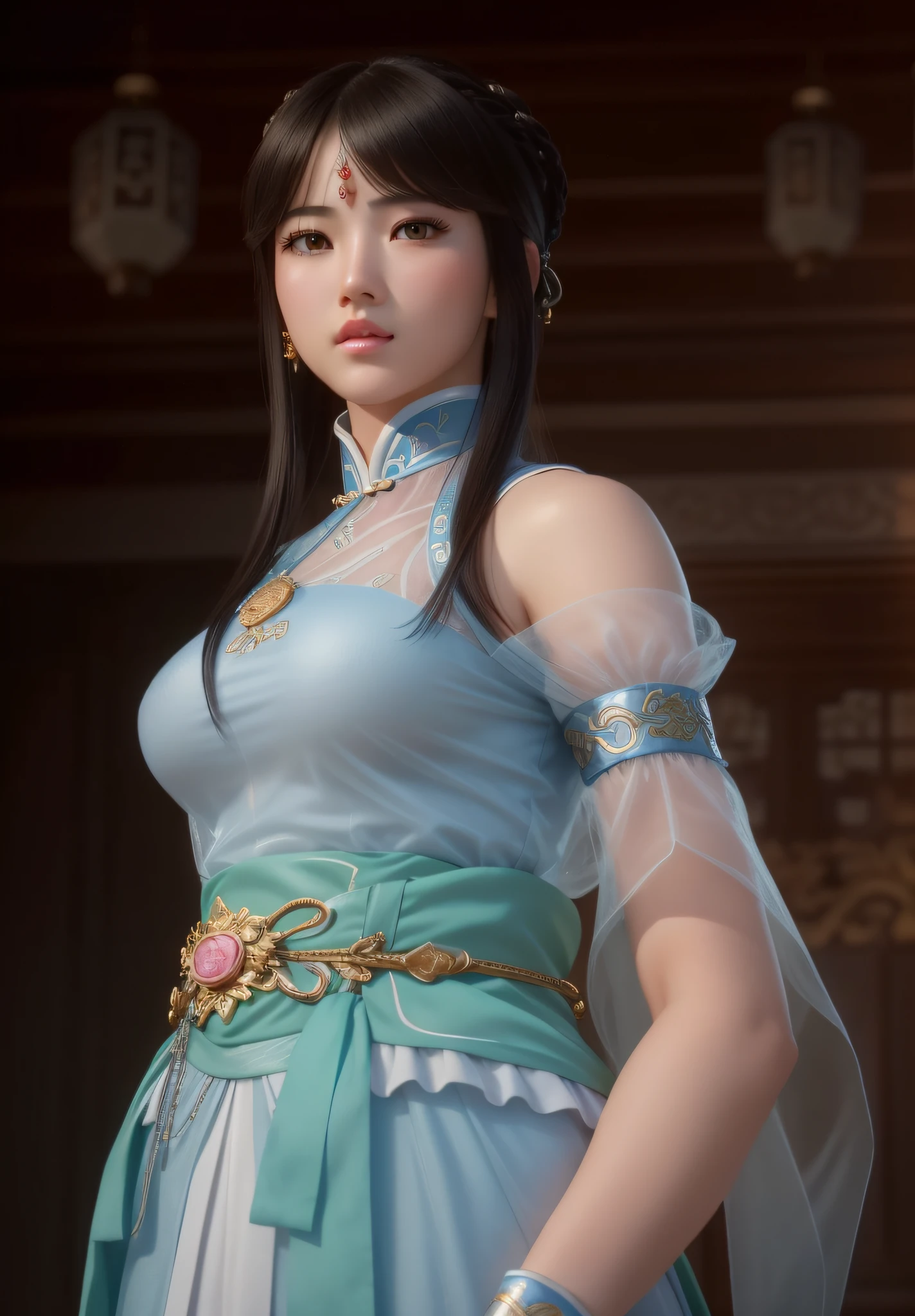 a close up of a woman in a blue dress with a sword, game cg, yun ling, full body xianxia, portrait knights of zodiac girl, trending on cgstation, inspired by Li Mei-shu, inspired by Leng Mei, inspired by Lan Ying, xianxia, 3 d anime realistic, xision wu, beautiful render of tang dynasty, (masterpiece:1.4), (8k, photorealistic, RAW photo, best quality: 1.4), japanese, beautiful face, (realistic face:1.4), (high detailed hair:1.3), beautiful hairstyle, realistic eyes, beautiful detailed eyes, (realistic skin:1.3), beautiful skin, attractive, ultra high res, ultra realistic, highly detailed, golden ratio, (detailed face:1.4), (realistic big breasts:1.4), (braless:1.4), perky_nipples, (see-through outfit, transparent outfit :1.2), (nsfw:1.25), (pink lips),