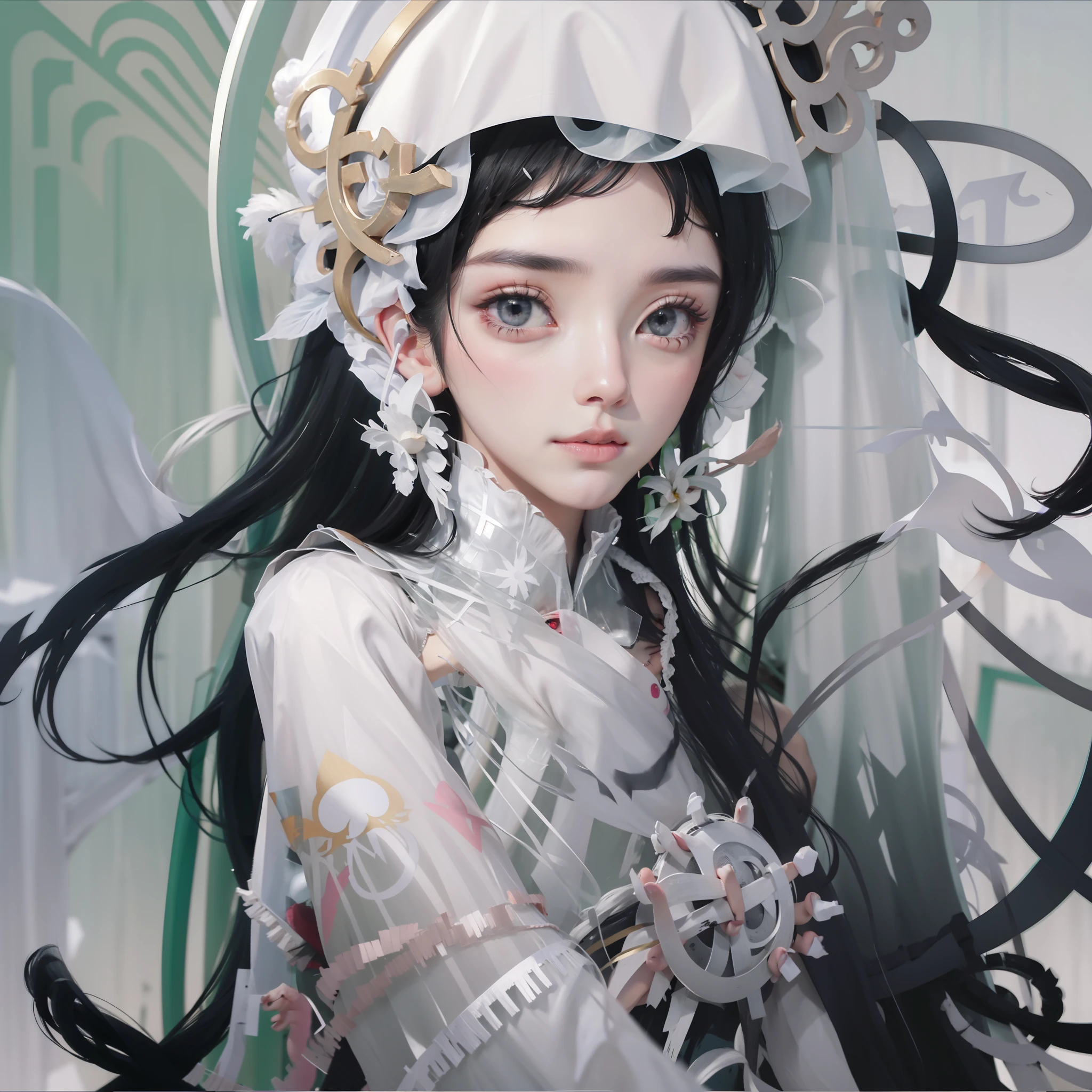 Veil on head, gray veil, white hair, gray white, Guvez art style, arrogant and indifferent girl, half-squinted, white eyeballs, white eyes, national style, gray-white