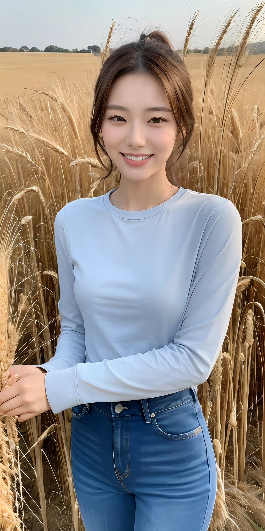 Korean woman, (masterpiece, beautiful person, polluted smile), virtual YouTube, doing farm work in the country, (being (cutting wheat: 1.4)), fertilizing, weeding, plain face, no makeup, country girl, ponytail, faded gray long sleeve shirt, brown trousers, detailed skin texture. Detailed cloth texture, fine and detailed face, masterpiece, slim waist, slim body.