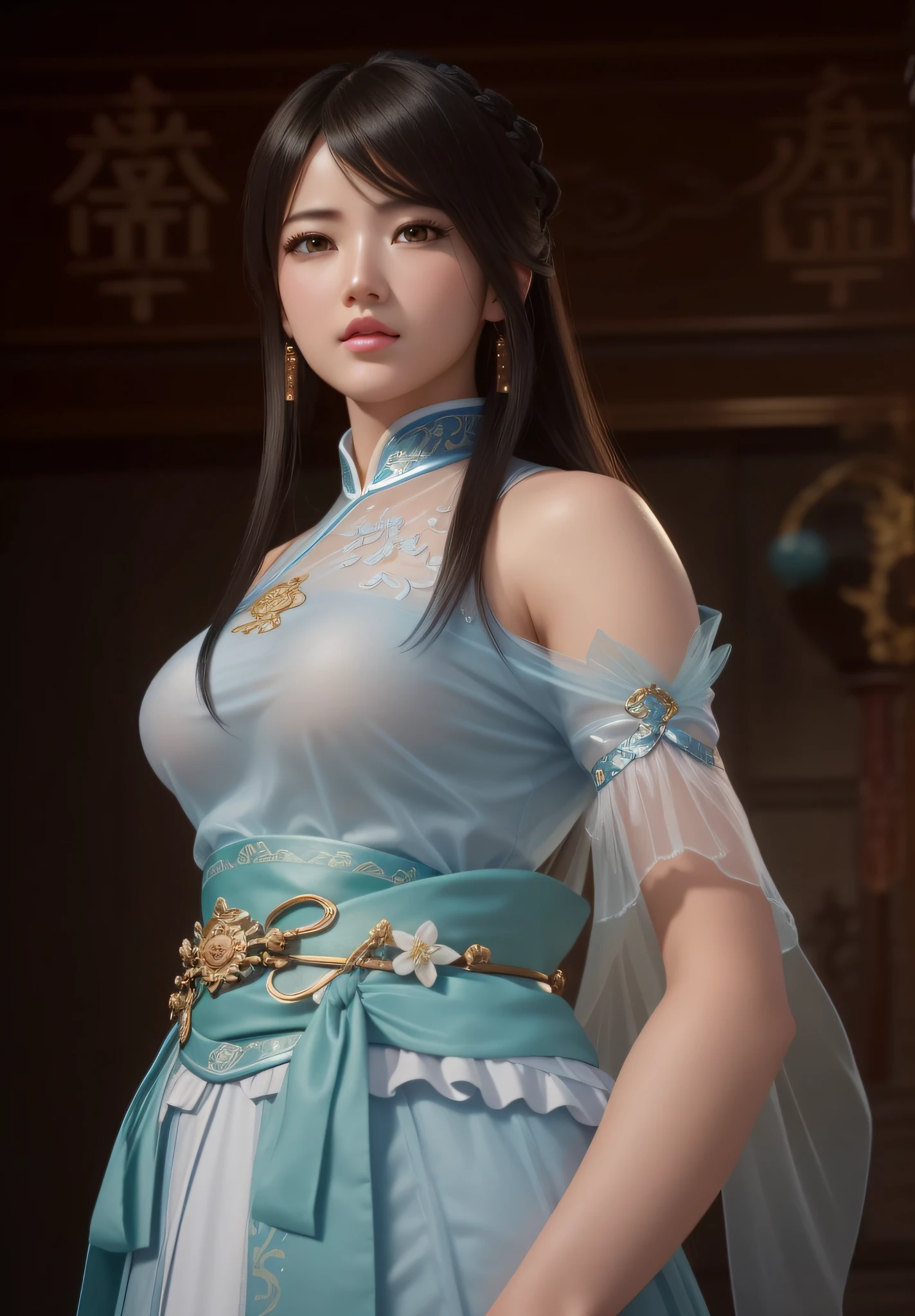 a close up of a woman in a blue dress with a sword, game cg, yun ling, full body xianxia, portrait knights of zodiac girl, trending on cgstation, inspired by Li Mei-shu, inspired by Leng Mei, inspired by Lan Ying, xianxia, 3 d anime realistic, xision wu, beautiful render of tang dynasty, (masterpiece:1.4), (8k, photorealistic, RAW photo, best quality: 1.4), japanese, beautiful face, (realistic face:1.4), (high detailed hair:1.3), beautiful hairstyle, realistic eyes, beautiful detailed eyes, (realistic skin:1.3), beautiful skin, attractive, ultra high res, ultra realistic, highly detailed, golden ratio, (detailed face:1.4), (realistic big breasts:1.4), (braless:1.4), perky_nipples, (see-through outfit, transparent outfit :1.2), (nsfw:1.25), (pink lips),