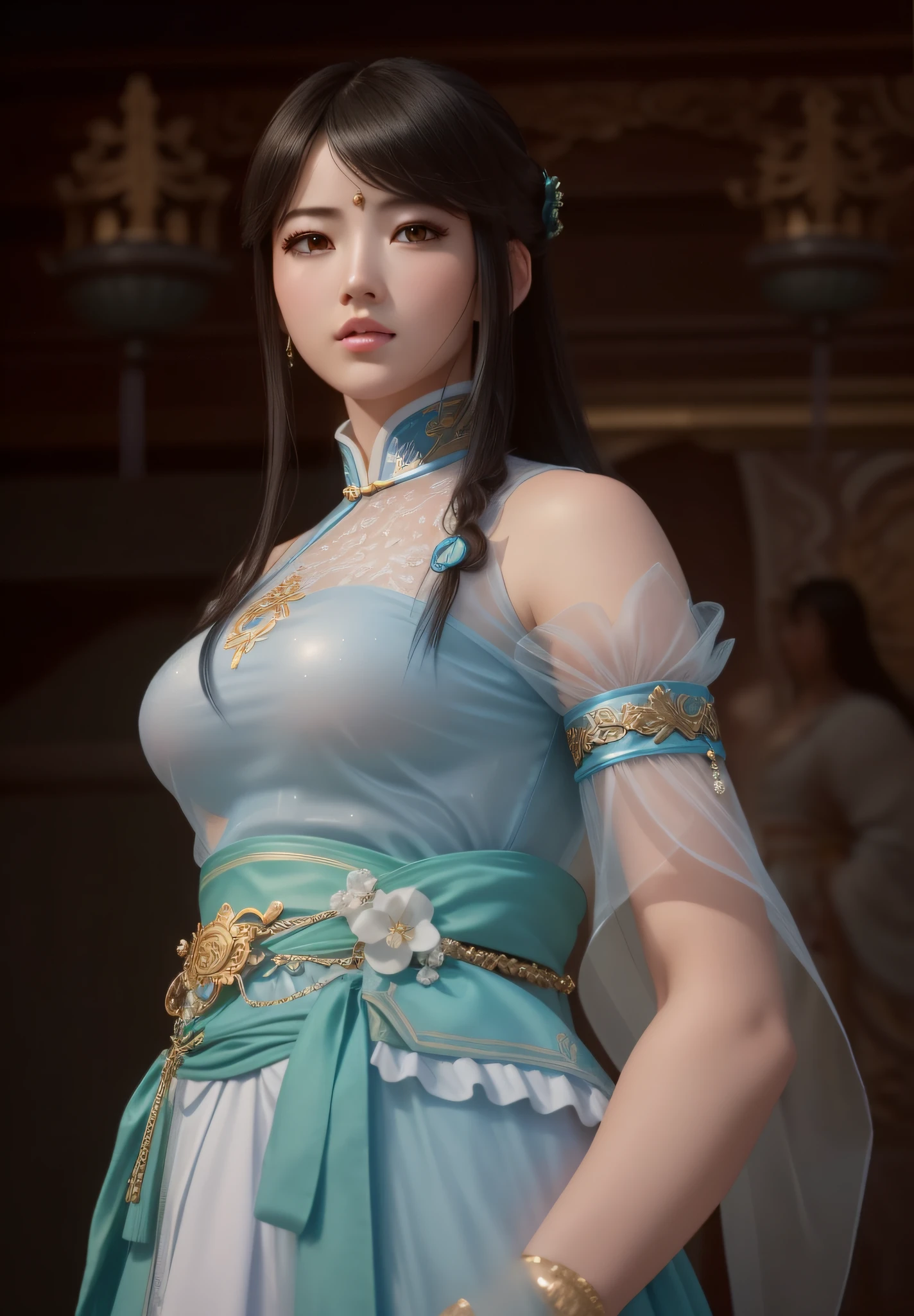 a close up of a woman in a blue dress with a sword, game cg, yun ling, full body xianxia, portrait knights of zodiac girl, trending on cgstation, inspired by Li Mei-shu, inspired by Leng Mei, inspired by Lan Ying, xianxia, 3 d anime realistic, xision wu, beautiful render of tang dynasty, (masterpiece:1.4), (8k, photorealistic, RAW photo, best quality: 1.4), japanese, beautiful face, (realistic face:1.4), (high detailed hair:1.3), beautiful hairstyle, realistic eyes, beautiful detailed eyes, (realistic skin:1.3), beautiful skin, attractive, ultra high res, ultra realistic, highly detailed, golden ratio, (detailed face:1.4), (realistic big breasts:1.4), (braless:1.4), perky_nipples, (see-through outfit, transparent outfit :1.2), (nsfw:1.25), (pink lips),