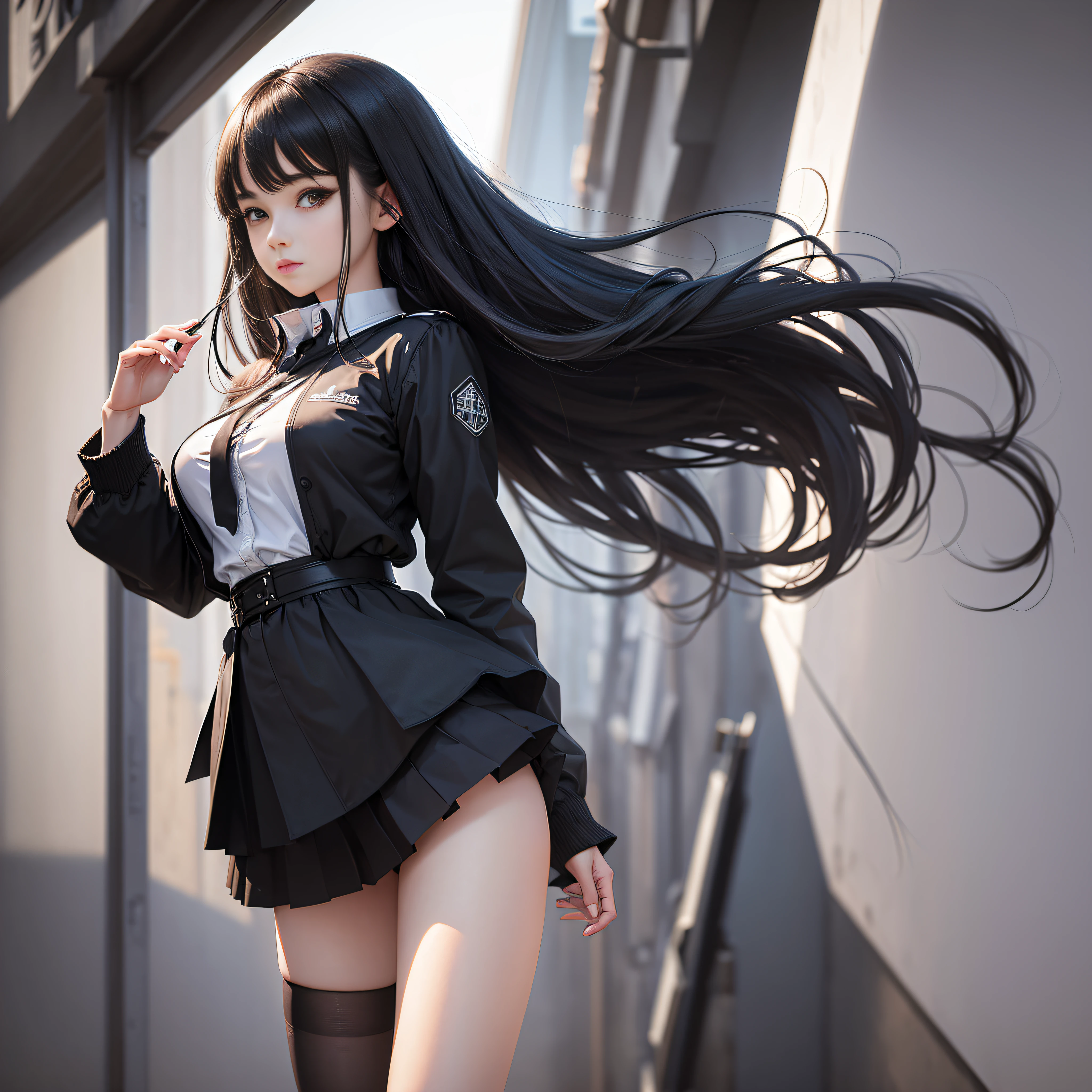 ((masterpiece, best_quality)), 1girl, (photorealistic:1.4), solo, white_background, black_hair, long_hair, zettai_ryouiki, skirt, ((full_body)),