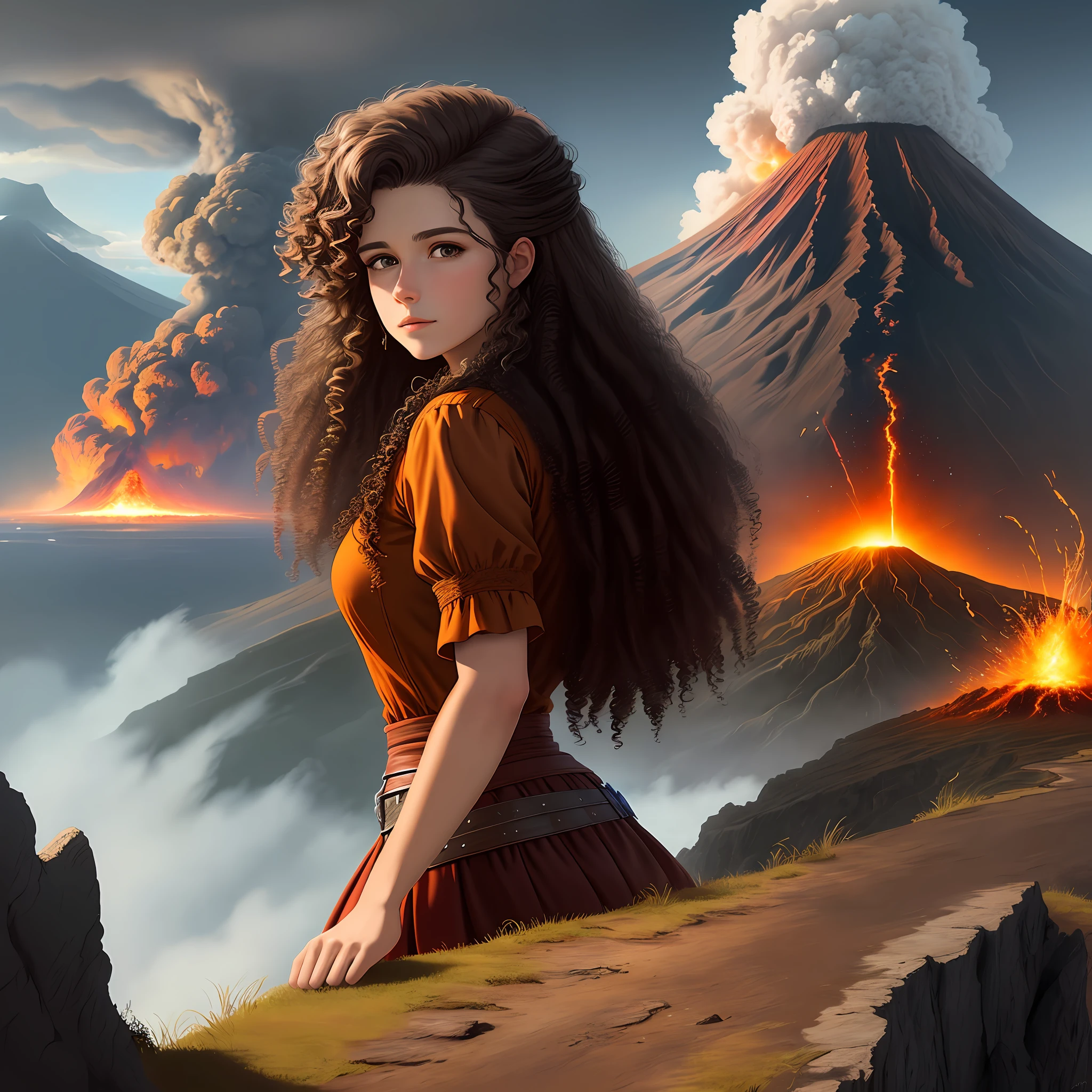 Drawing, fantasy, realism, high detail, cliff, cliff, 26-year-old girl with curly brown hair, looking at an erupting volcano, 8kk