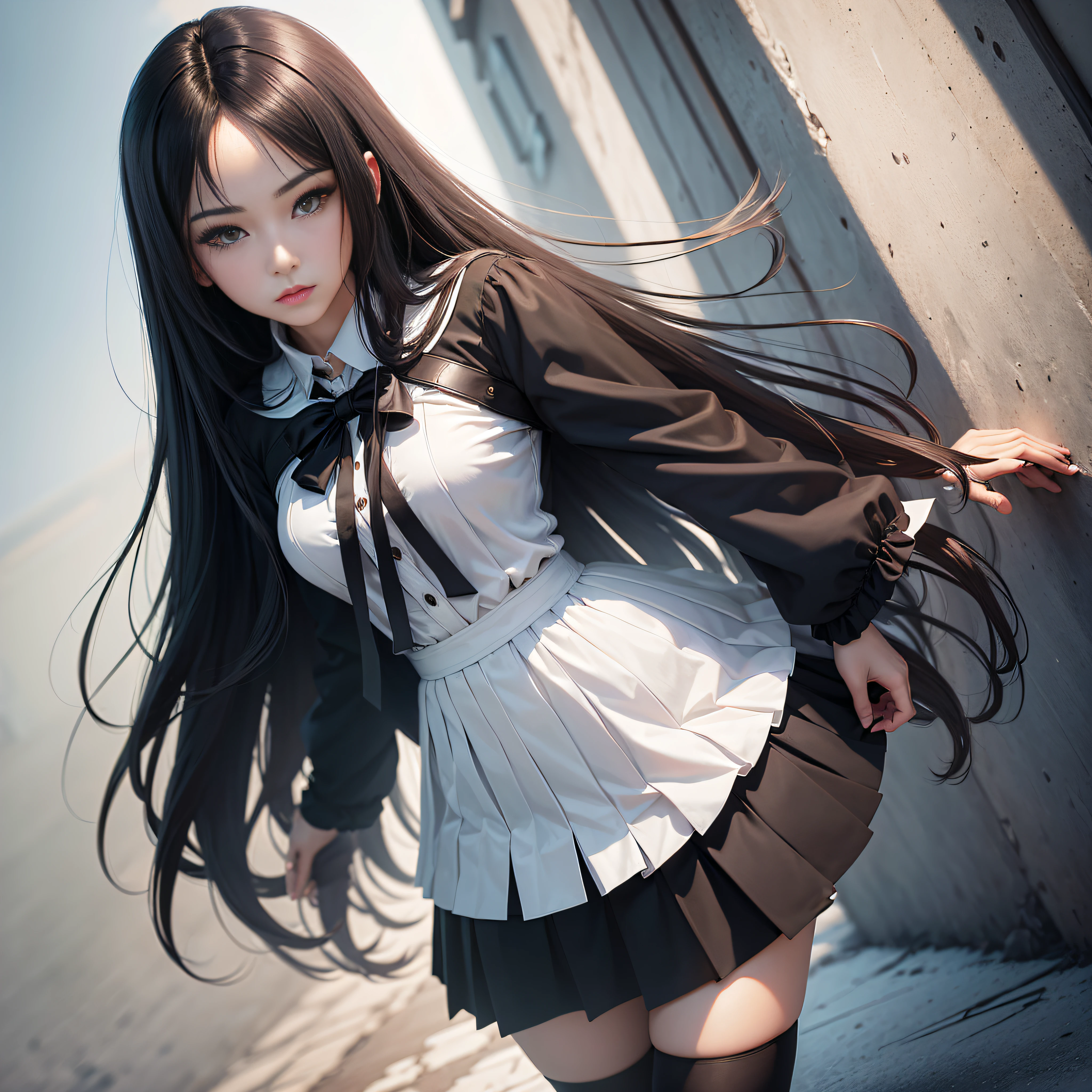 ((masterpiece, best_quality)), 1girl, (photorealistic:1.4), solo, white_background, black_hair, long_hair, zettai_ryouiki, skirt, ((full_body)),