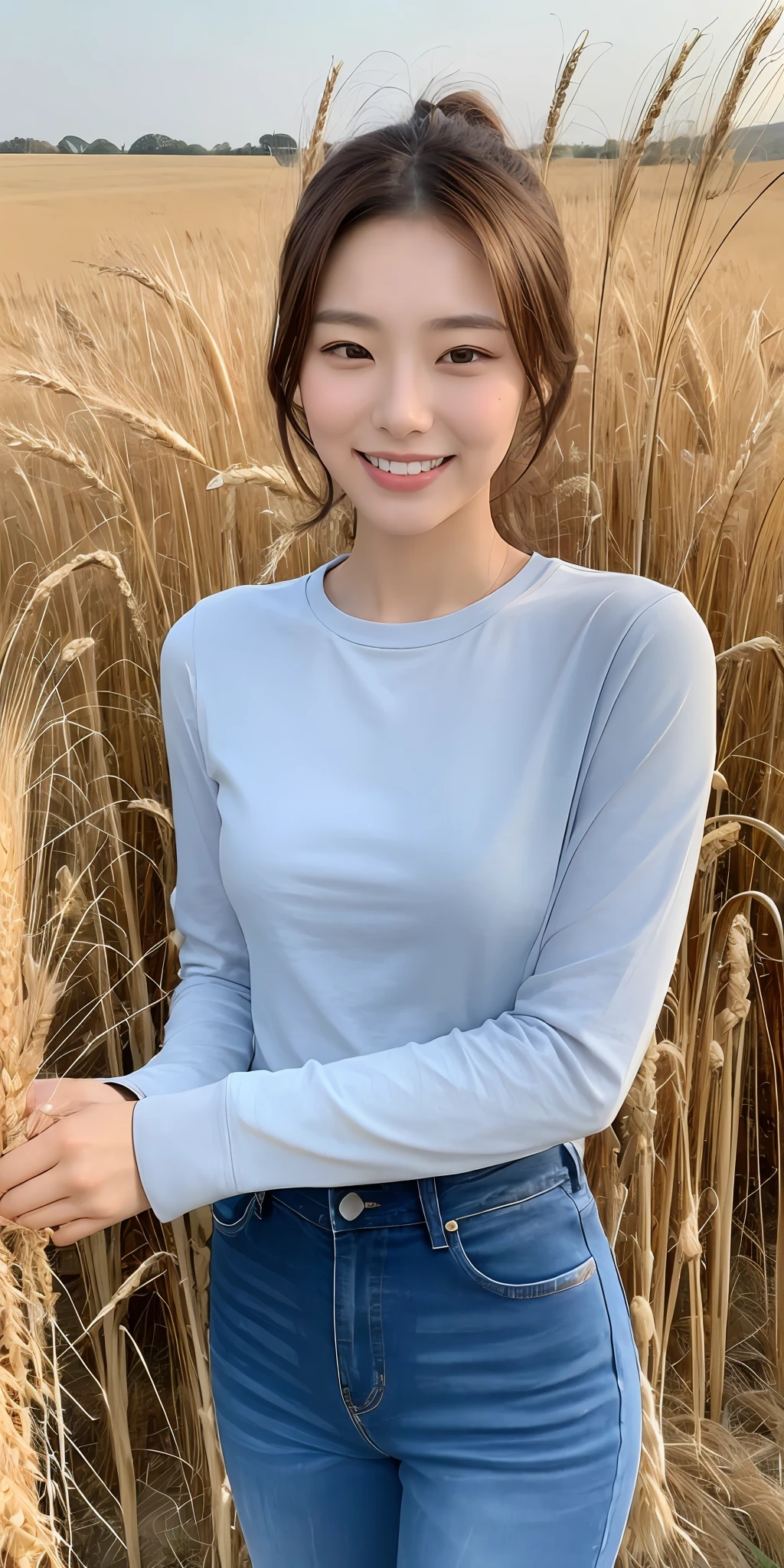 Korean woman, (masterpiece, beautiful person, polluted smile), virtual YouTube, doing farm work in the country, (being (cutting wheat: 1.4)), fertilizing, weeding, plain face, no makeup, country girl, ponytail, faded gray long sleeve shirt, brown trousers, detailed skin texture. Detailed cloth texture, fine and detailed face, masterpiece, slim waist, slim body.