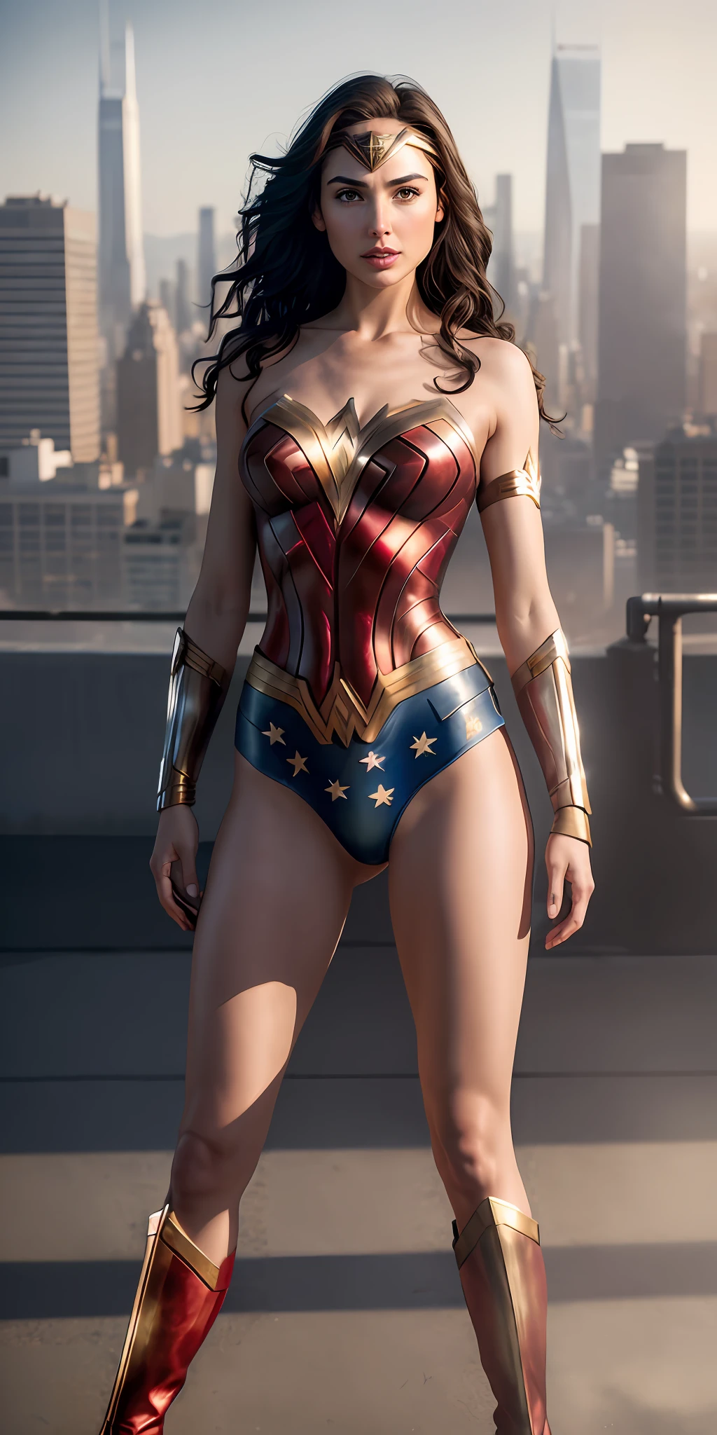 Gal gadot in wonder woman'suit, blonde hair, full body, leotard, bare legs boots, city backdrop, ((slim, petite)), photorealistic, photo, masterpiece, realistic, realism, photorealism, high contrast, photorealistic digital art trending on Artstation 8k HD high definition detailed realistic, detailed, skin texture, hyper detailed, realistic skin texture, armature, best quality, ultra high res, (photorealistic:1.4),, high resolution, detailed, raw photo, sharp re, by lee jeffries nikon d850 film stock photograph 4 kodak portra 400 camera f1.6 lens rich colors hyper realistic lifelike texture dramatic lighting unrealengine trending on artstation cinestill 800,