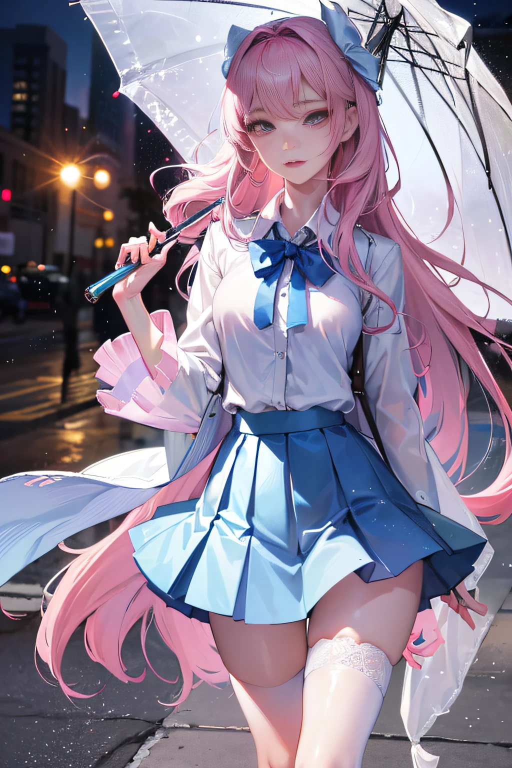 Clenched teeth, on the school plastic runway, (tears in the eye sockets), official art, masterpiece, sharp focus, (beautiful gorgeous cute Korean woman: 1.3), (beautiful cute Korean: 1.3), Korean beauty, delicate beautiful hair and eyes and face, realistic, super detailed, beautiful girl, glowing white particles, (sidelighting: 1.2), foggy sky, raining, girl standing under an umbrella, slender, cute big breasts, some anxiety on the face, scenery, long straight hair , sexy facial expression, dynamic hair, long straight hair, fine platinum-pink hair, glowing blue eyes, (blue pleated shirt + white skirt), white stockings, pale skin, hair accessories,,woman is tall ,