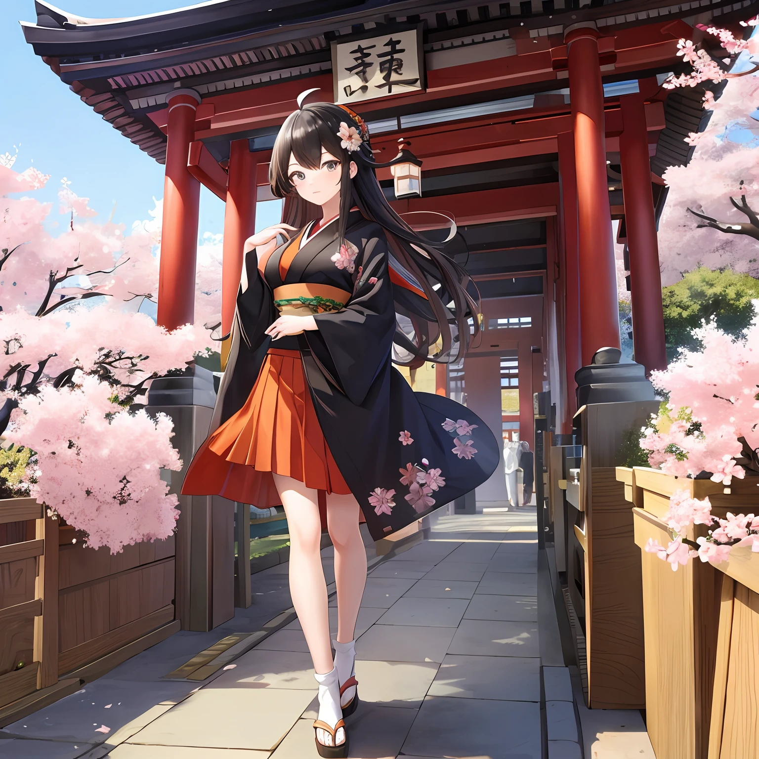 (Top Quality, Masterpiece: 1.4), [Brown | Black Hair], [Blue | Orange] Eyes, Breasts, Sell (Sushi: 1.4), Kimono, Hair Ornament, Full Body, Ahoge, Blue Tent Stall, Cherry Blossoms and Temple in the Background