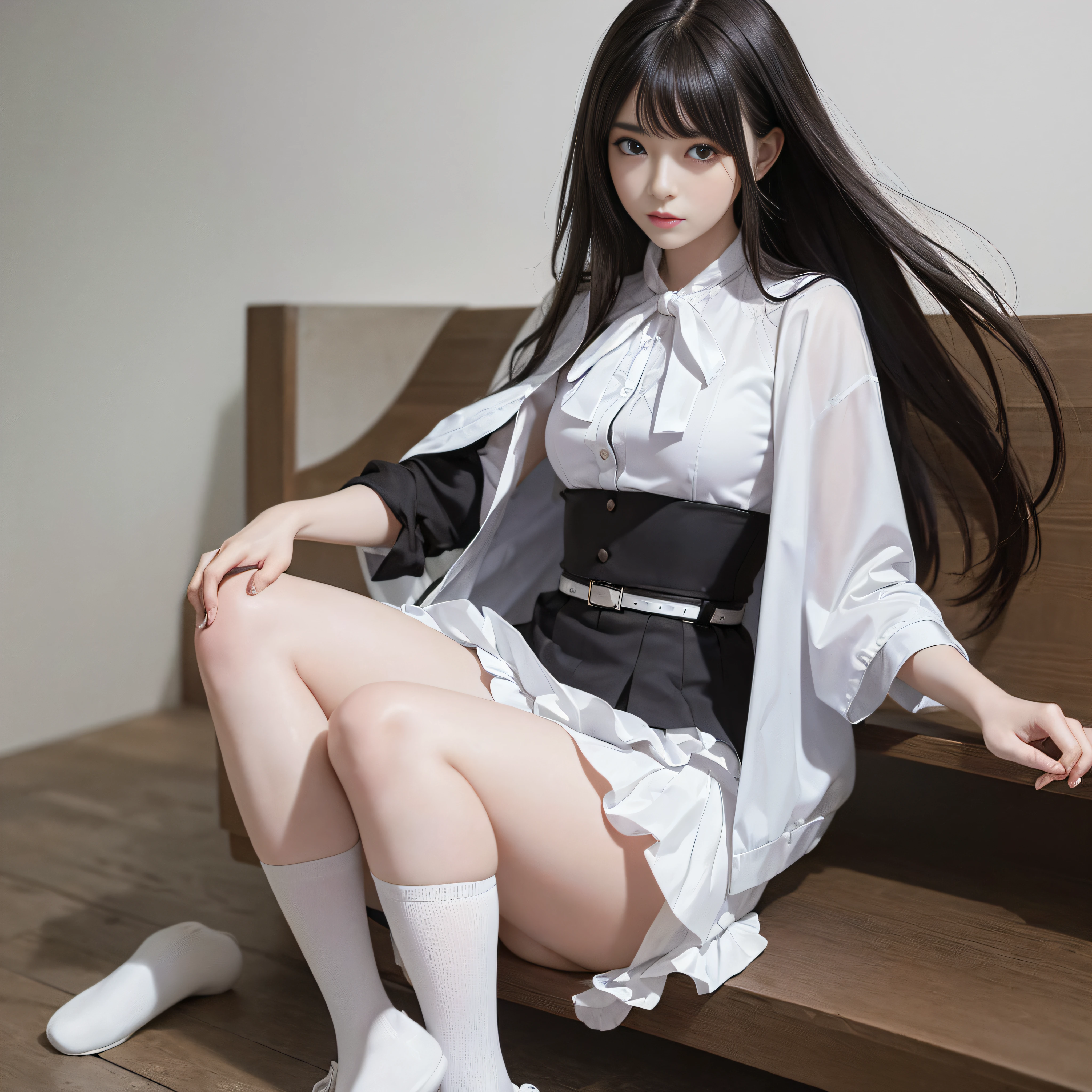 ((masterpiece, best_quality)), 1girl, (photorealistic:1.4), solo, white_background, black_hair, long_hair, zettai_ryouiki, skirt, ((full_body)),