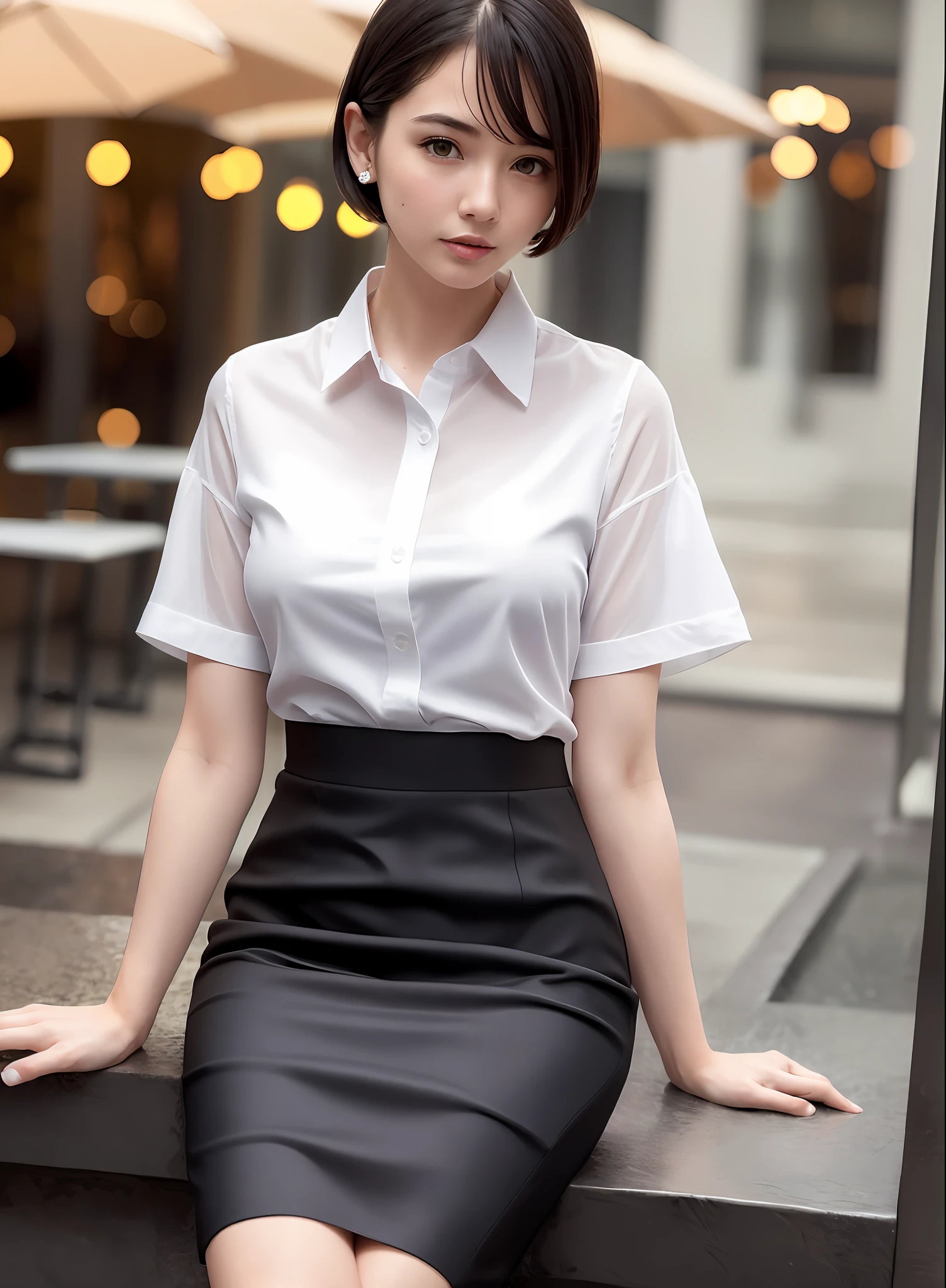 (8k, Best Quality, Masterpiece: 1.2), (Realistic, Photorealistic: 1.37), Super Detailed, 1 Girl, Cute, Alone, Beautiful Detailed Sky, Detailed Cafe, Night, Sitting, Date, ( Nose blush), (smile: 1.15), (close mouth) small breasts, beautiful details, (collared shirt: 1.1), night, wet, business wear, rain, white lace, (short hair: 1.2), floating Hair NovaFrogStyle,