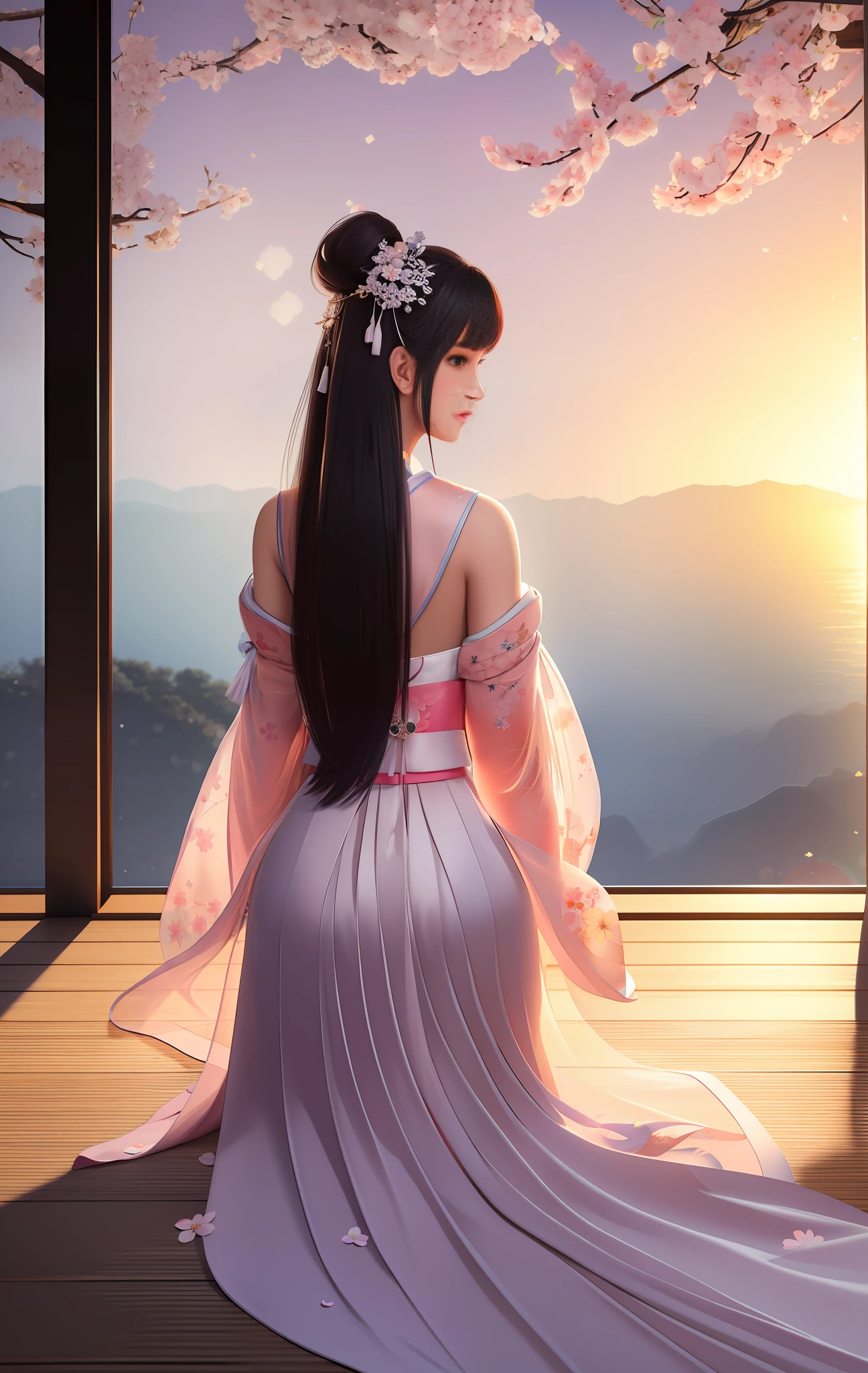 Top quality, masterpiece, high resolution, single girl, cherry blossom pattern sleeve costume on white background, hair accessories, Japanese room, sideways sitting posture on the veranda, beautiful face, physical, tyndall effect, realistic, dark studio, rim lighting, duotone lighting, (high detail skin: 1.2), 8k uhd, DSLR, soft light, high quality, volumetric light, sneak shot, Photo, High Resolution, 4K, 8K, Bokeh, Upper Body Only Visible, View Profile from Behind, Back Skin Looks Beautiful, Absolute Area 1.3.