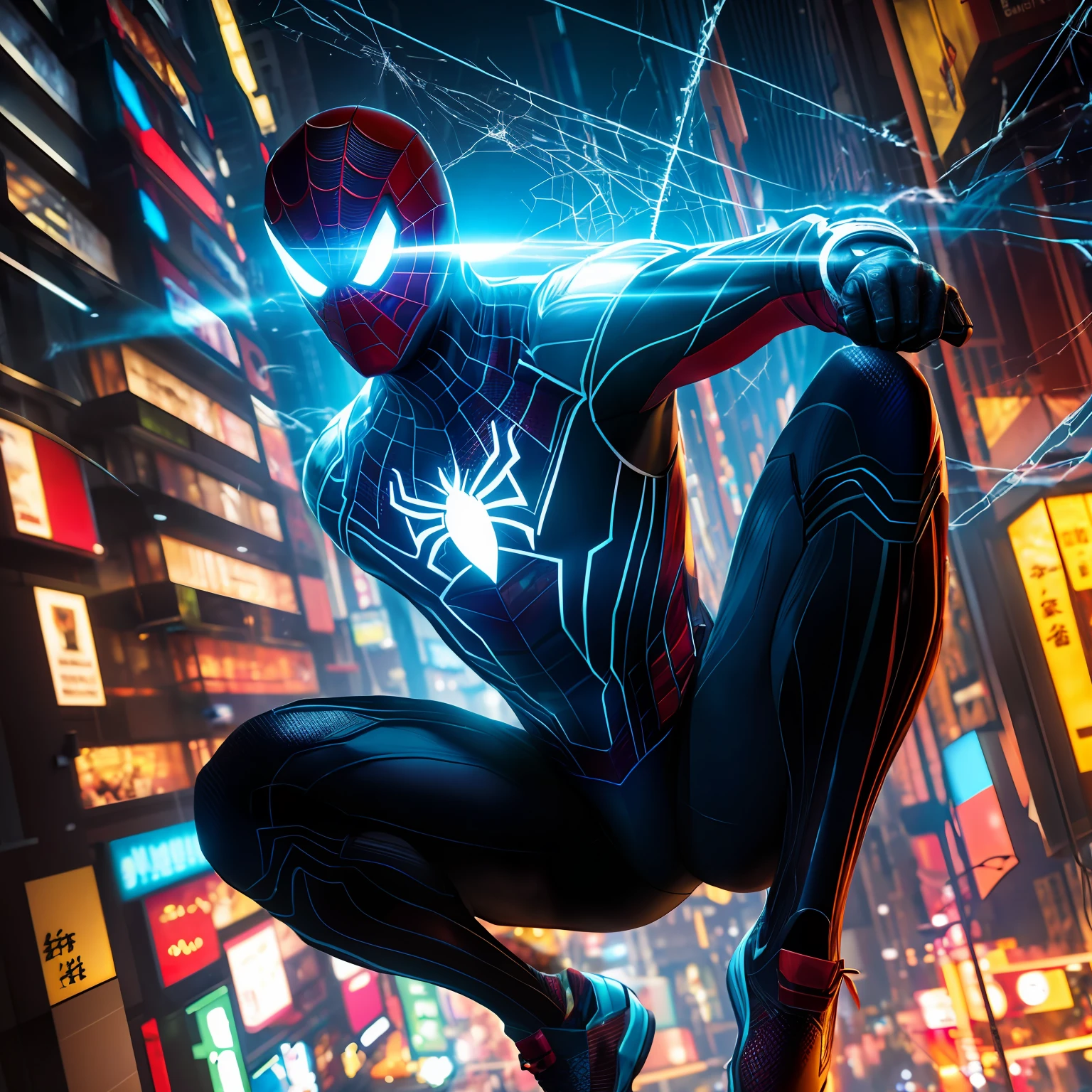 (realistic:1.2), (best quality:1.4), (masterpiece:1.2), (ultra highres:1.2), (photorealistic:1.4), (8k, RAW photo:1.2), professional lighting, photon mapping, radiosity,physically-based rendering, detailed, Cyberpunk spiderman inspired by japanese manga, dark colors, neon lights, futuristic cityscape, detailed textures, cybernetic enhancements, dynamic action pose, motion blurs, trending on artstation, cinematic lighting, perfect face, fine details, realistic shaded, strong depth of field, cobweb around, cobwebs,