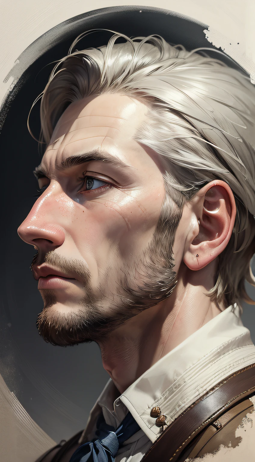 ((best quality), (masterpiece), (detailed)), A portrait of the fearless English explorer John White in the style of John White, showing the realistic movement. The composition captures White's confident demeanor and adventurous spirit. His rough features are meticulously rendered, highlighting the intensity in his eyes and the determination in his face. The lighting accentuates the play of shadows and highlights, adding depth and dimension to the portrait. The background could depict a subtle landscape that suggested the vast uncharted territories White ventured into. The overall atmosphere is one of authenticity and meticulous attention to detail, reminiscent of John White's artistic style. The camera angle for this photo would be a slightly tilted three-quarter view, capturing White's profile and emphasizing his strong presence.