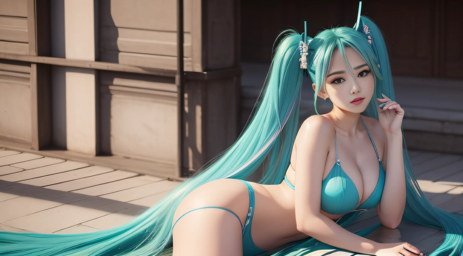Ultimate picture quality art, beautiful and lifelike, Hatsune gradient hairstyle, sexy sitting position, delicate little face, plump big breasts, Hatsune clothing, textured skin, Super detail, High detail, high quality, Best quality, 8K, HD