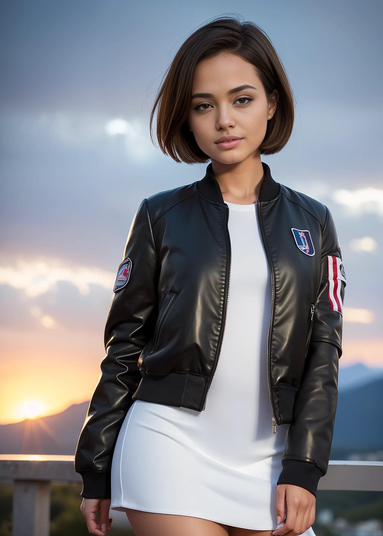 ((masterpiece,best quality,ultra detailed,ultra high res,detailed background)),1girl, shot on Canon EOS, full body portrait, (short hair:1.2), (boycut:1.4), twenty years old, rounded facial features, (light bomber jacket), (micro-mini dress), (slim athletic build), (windswept:1.2), (confident smirk), (rim lighting), (bokeh), busty, Angelina Jolie, (confident stare), (dominant), standing in front of a mountain
