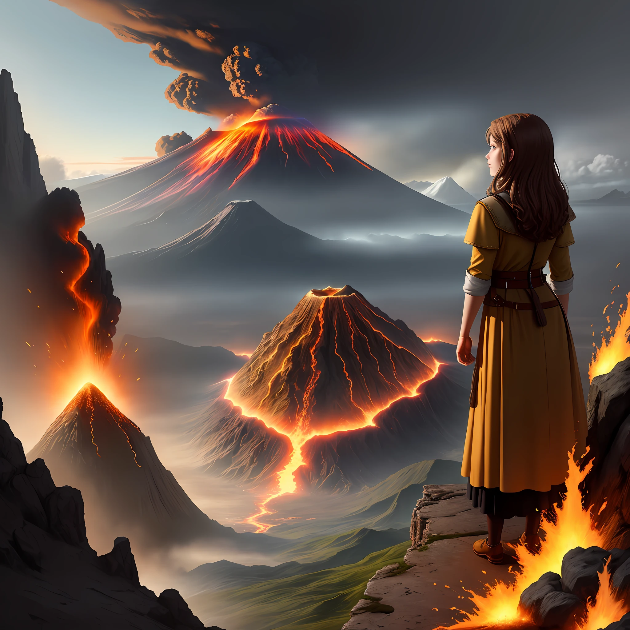 Drawing, fantasy, realism, high detail, rock, cliff, 26-year-old girl with brown hair, looking at one erupting volcano, 8kk