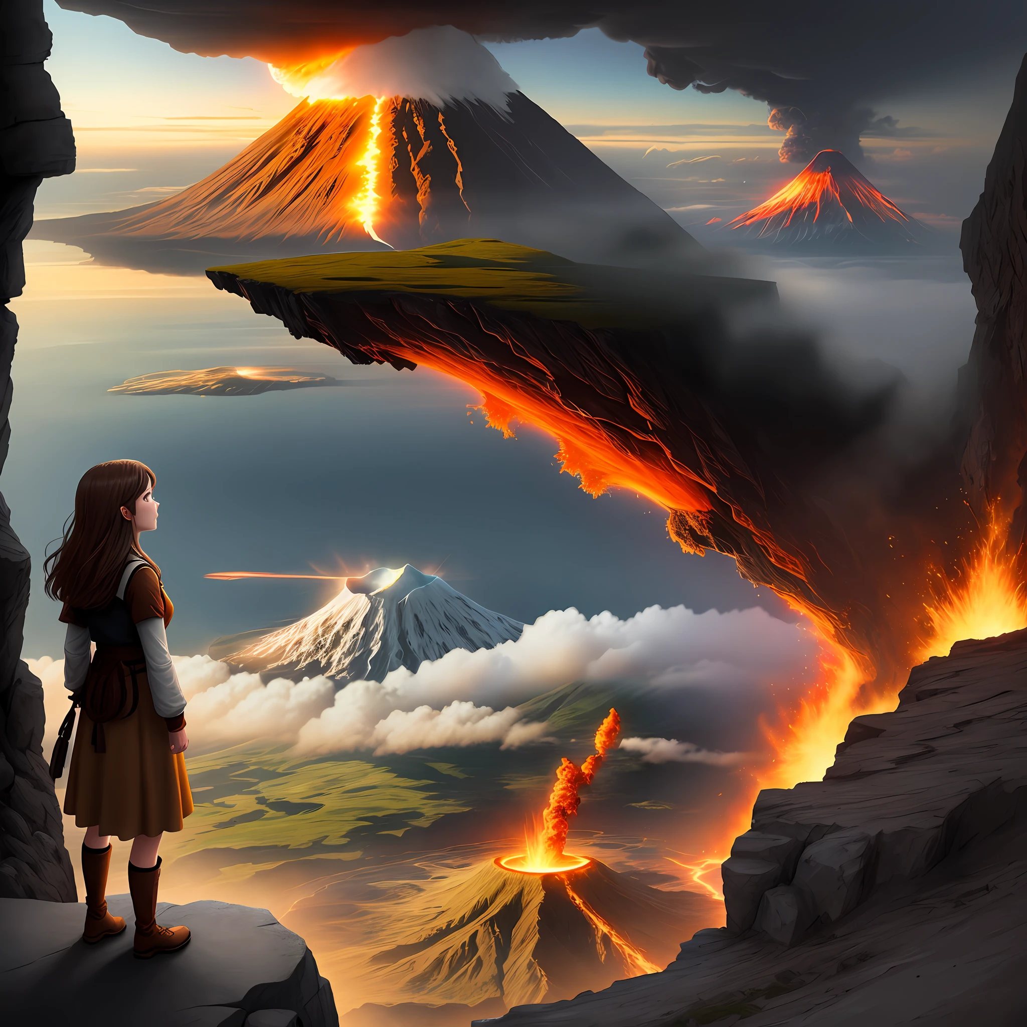 Drawing, fantasy, realism, high detail, rock, cliff, 26-year-old girl with brown hair, looking at one erupting volcano, 8kk