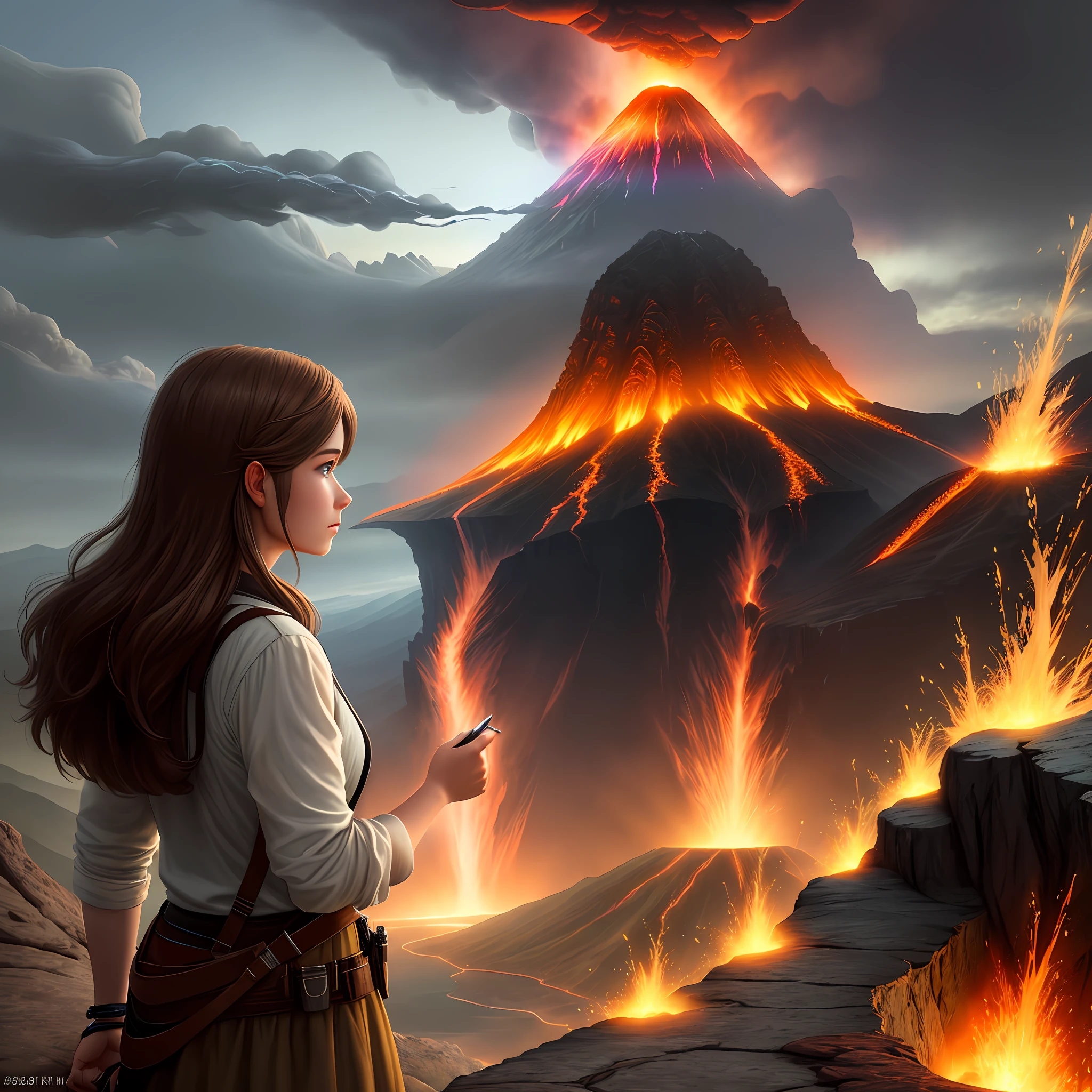 Drawing, fantasy, realism, high detail, rock, cliff, 26-year-old girl with brown hair, looking at one erupting volcano, 8kk