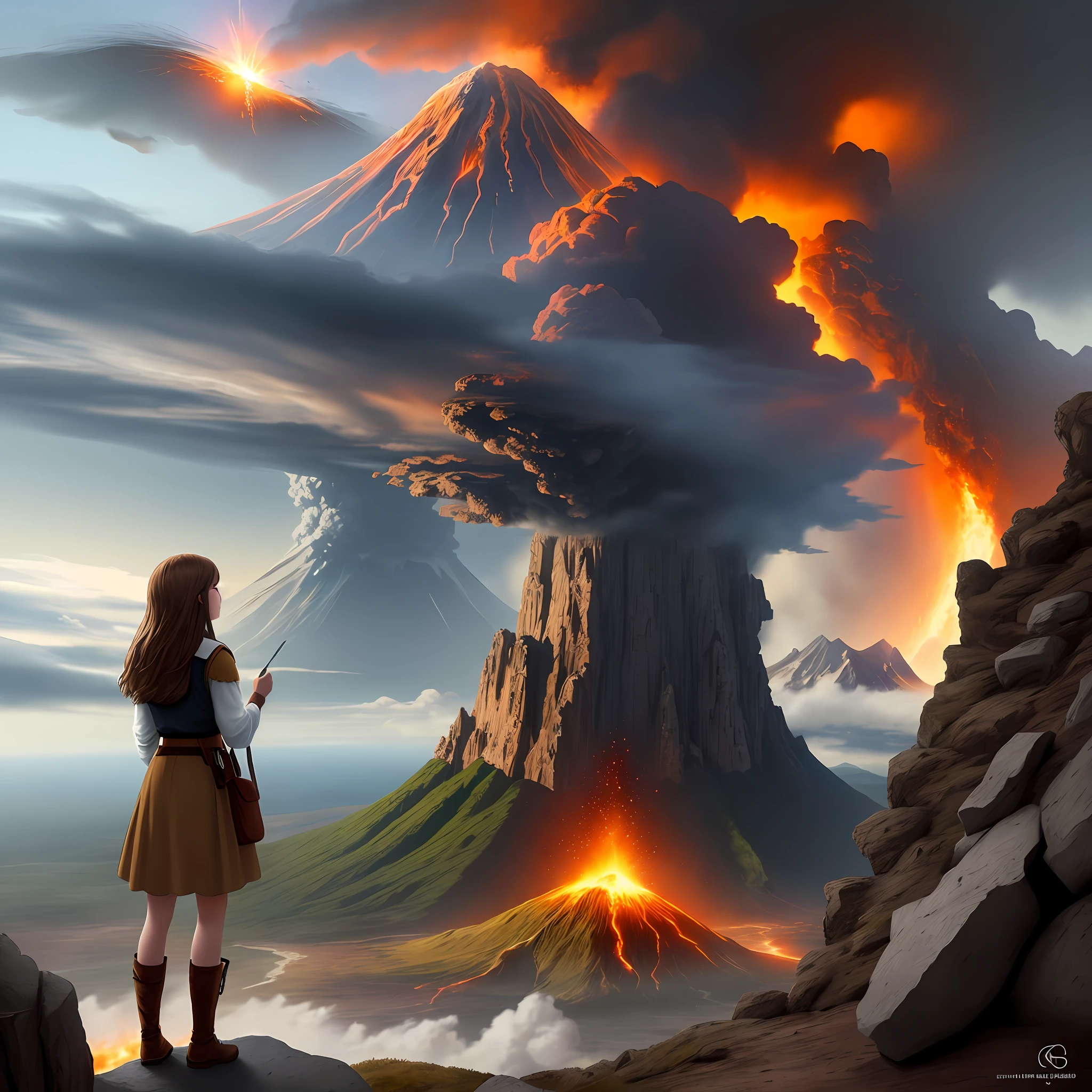 Drawing, fantasy, realism, high detail, rock, cliff, 26-year-old girl with brown hair, looking at one erupting volcano, 8kk