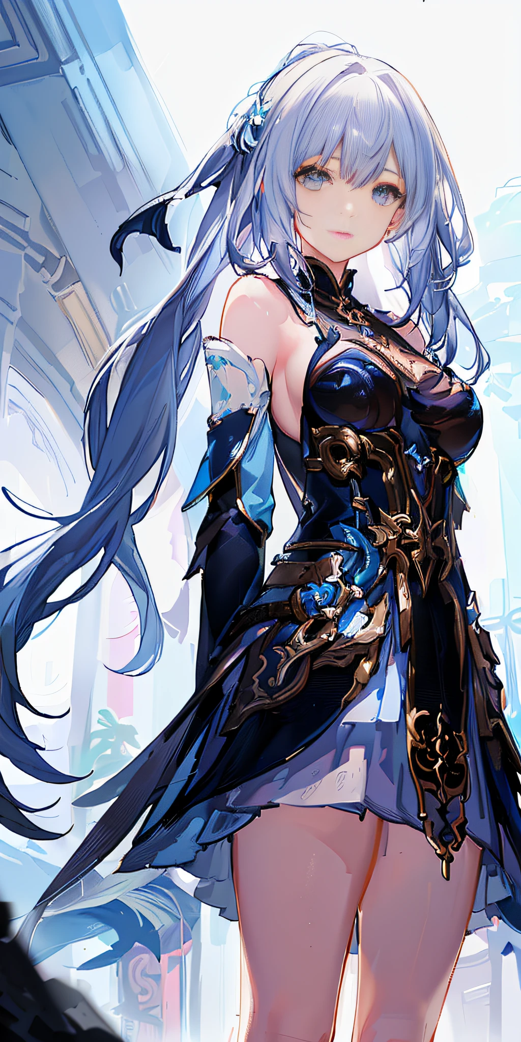 anime girl with long hair and blue dress standing in front of a building, extremely detailed artgerm, shadowverse style, keqing from genshin impact, granblue fantasy, cushart krenz key art feminine, beautiful celestial mage, trending on artstation pixiv, artgerm detailed, high detailed official artwork, artgerm on artstation pixiv