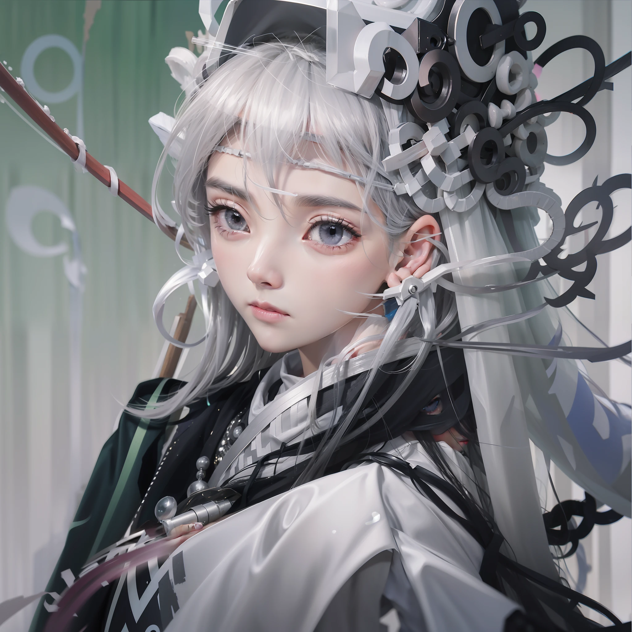 Veil on head, gray veil, white hair, gray white, Guvez art style, arrogant and indifferent girl, half-squinted, white eyeballs, white eyes, national style, gray white, 4k, 8k rendering, real light and shadow, colorful, high quality, ethnic style
