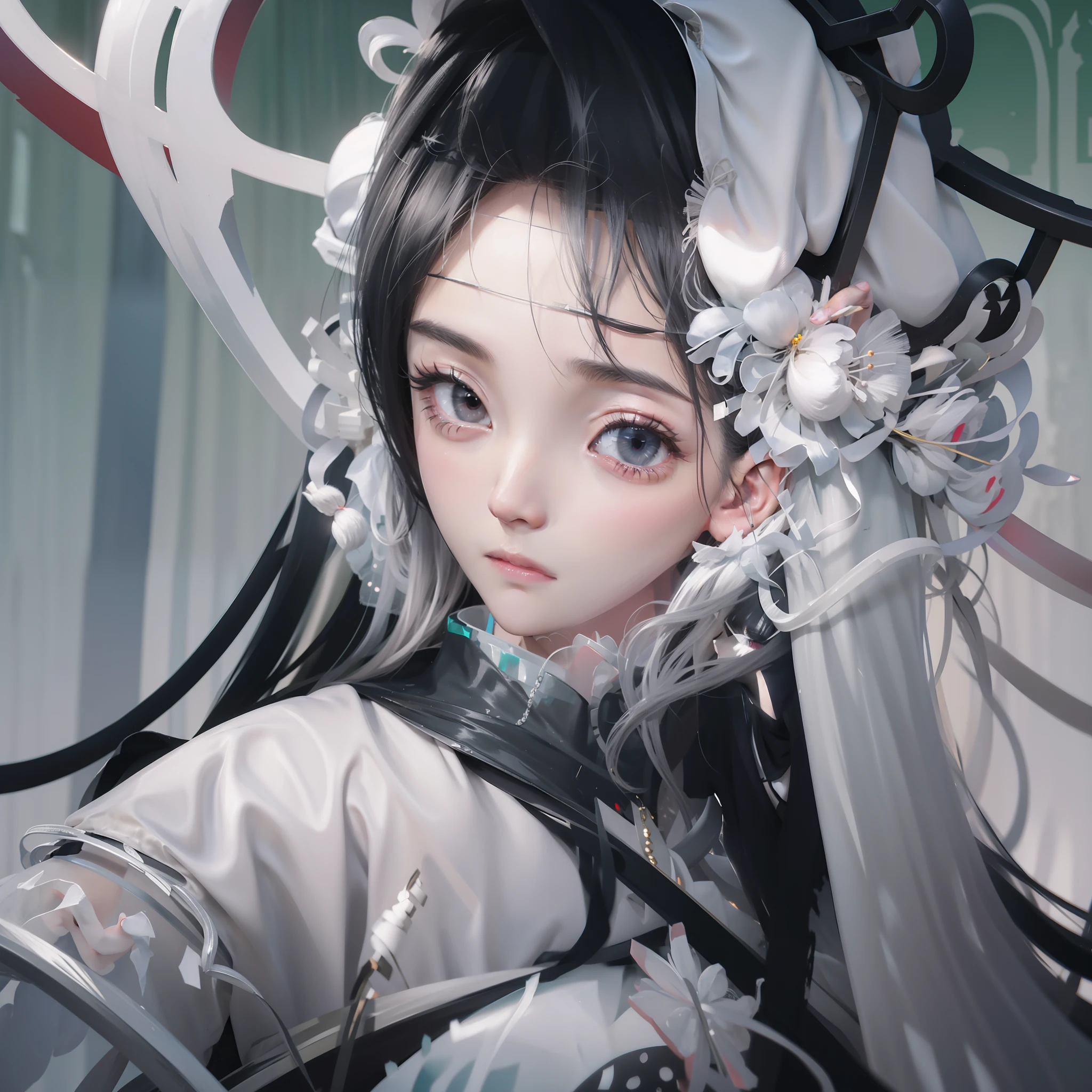 Veil on head, gray veil, white hair, gray white, Guvez art style, arrogant and indifferent girl, half-squinted, white eyeballs, white eyes, national style, gray white, 4k, 8k rendering, real light and shadow, colorful, high quality, ethnic style