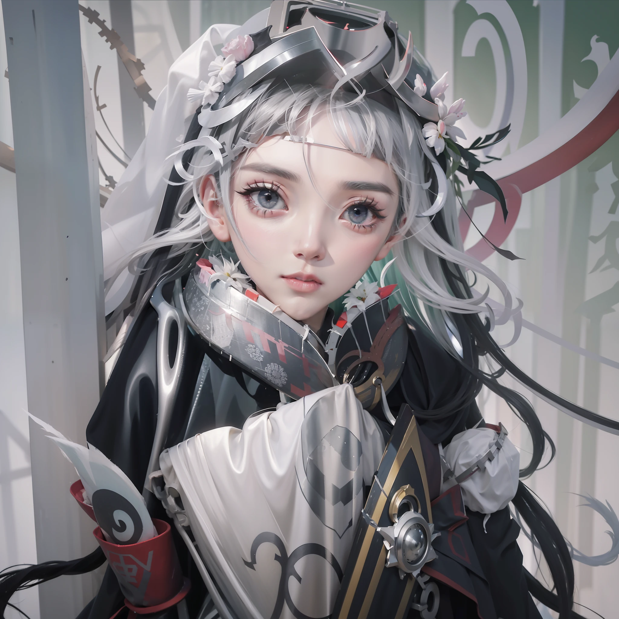 Veil on head, gray veil, white hair, gray white, Guvez art style, arrogant and indifferent girl, half-squinted, white eyeballs, white eyes, national style, gray white, 4k, 8k rendering, real light and shadow, colorful, high quality, ethnic style
