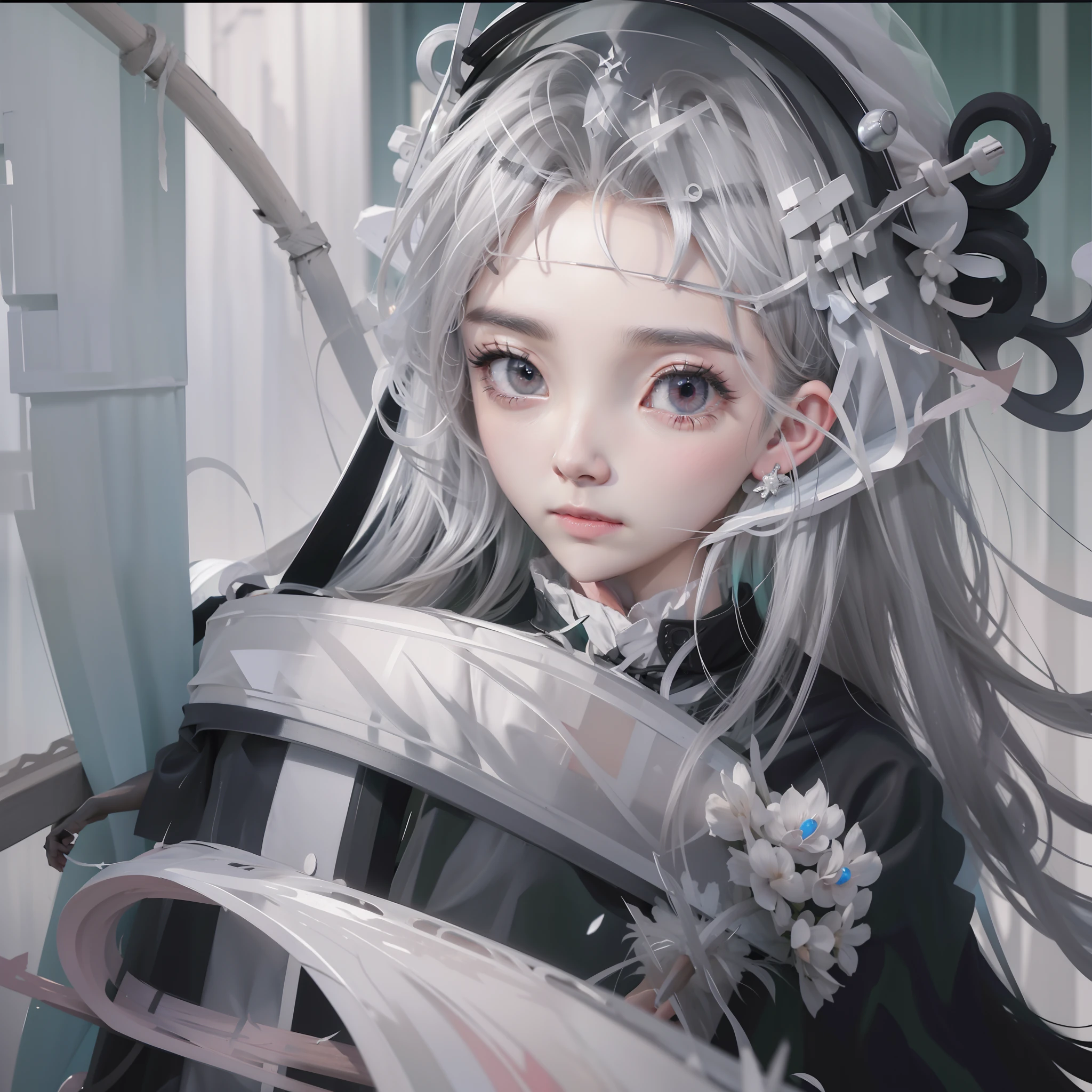 Veil on head, gray veil, white hair, gray white, Guvez art style, arrogant and indifferent girl, half-squinted, white eyeballs, white eyes, national style, gray white, 4k, 8k rendering, real light and shadow, colorful, high quality, ethnic style