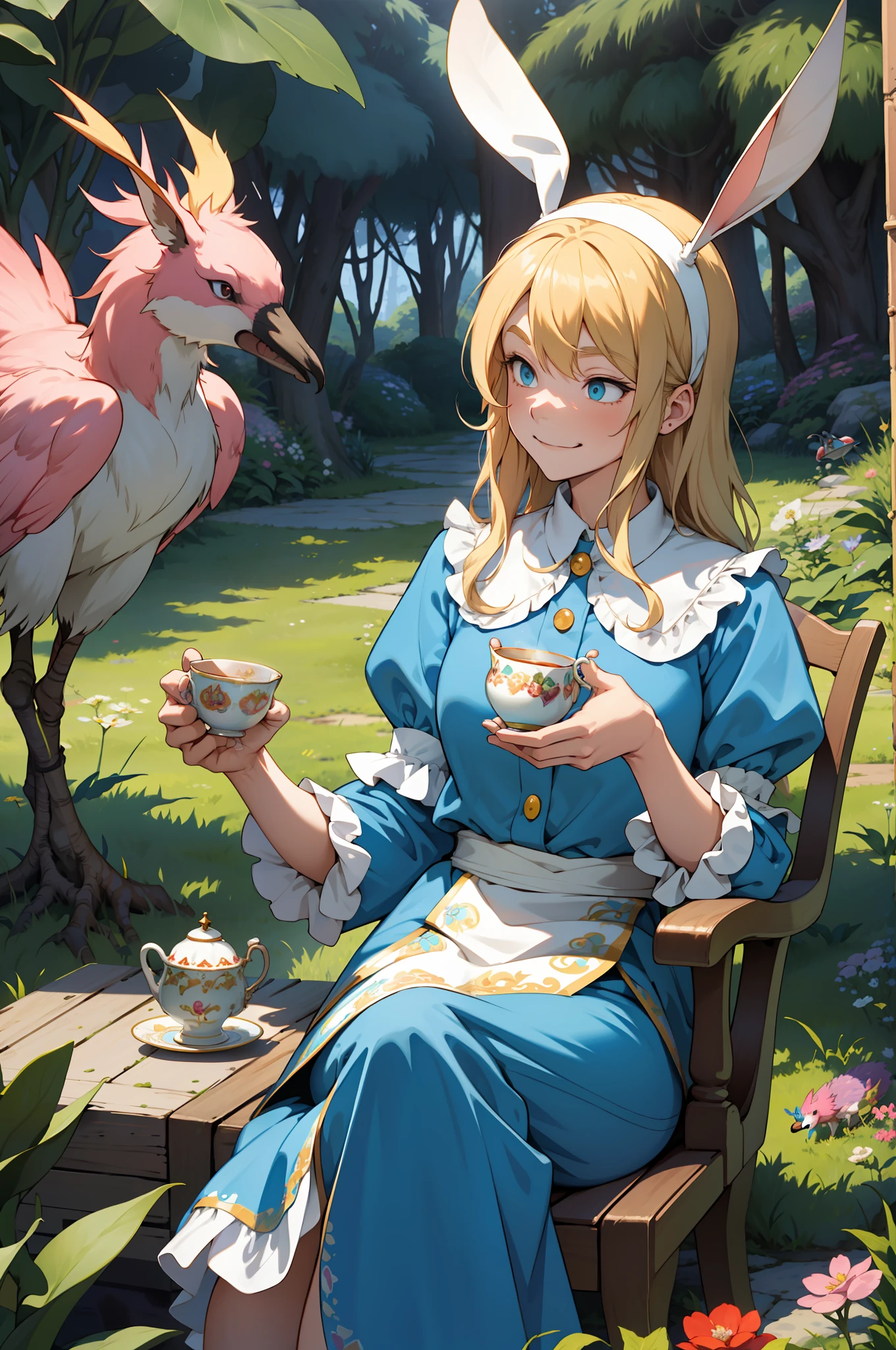 ((Studio style ghibli)) Alice falls down a psychedelic rabbit hole in a whimsical wonderland full of curious creatures. She chases a mischievous white rabbit, who leads her through a maze of fantastic flora and fauna. As she delves into the strange world, Alice encounters a mad hatter who offers her a cup of tea at a tea party with quirky guests. The Cheshire cat appears out of nowhere, smiling broadly before suddenly disappearing. In the distance, the Queen of Hearts presides over a game of croquet with flamingos as mallets and hedgehogs as balls. (Alice in Wonderland) (blond hair)