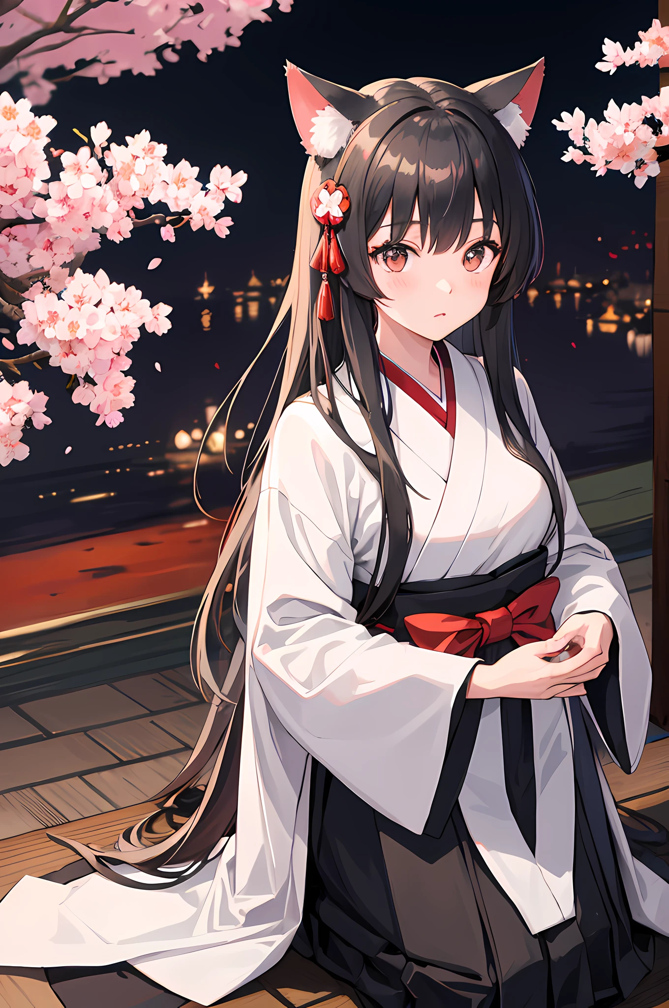 (8k, highest quality, masterpiece: 1.2), anime, illustration, super detail, highest quality, super high resolution, mysterious, black eyes, gray hair, cat ears, solo focus, masterpiece, best quality, priestess, hakama skirt, alone, 16 years old, japanese style, Japan, cool, cherry blossom, skirt, long hair, red cheeks, standing figure, night, lower angle, hair ornament ribbon, eyes high resolution