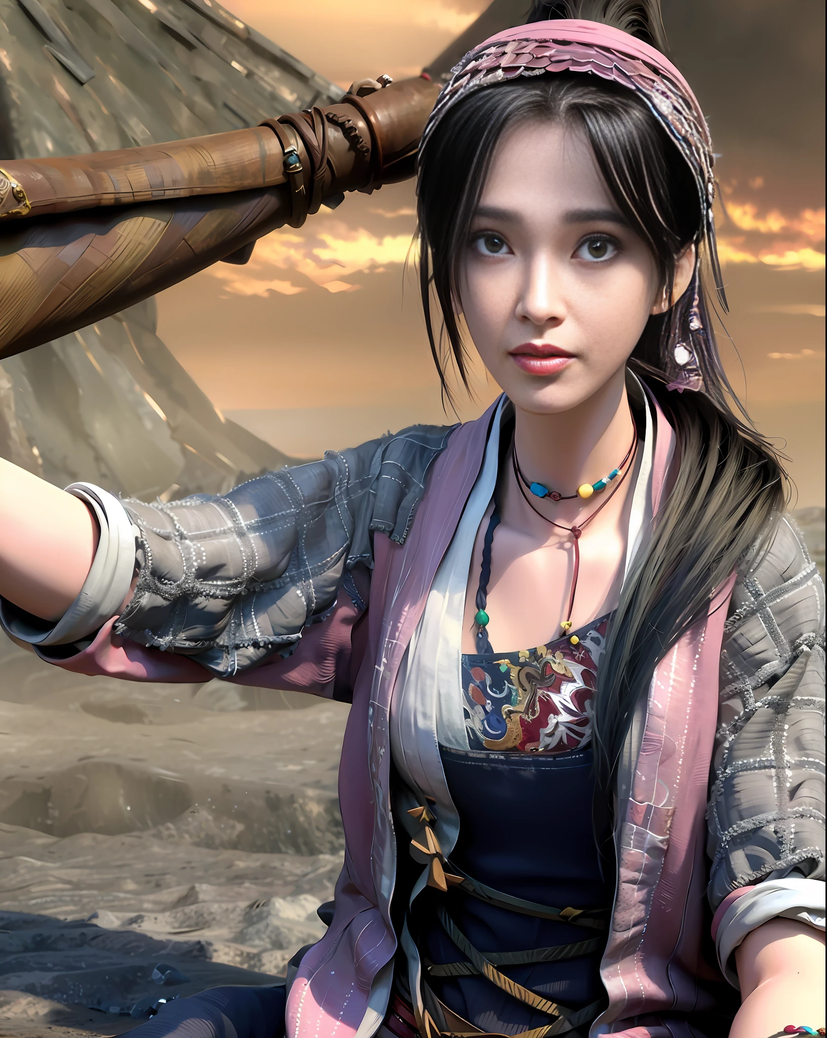a woman with a headband and a necklace on her head is standing in a desert area with a sky background, (1girl:0.985), (black hair:0.678), (brown eyes:0.728), (fingerless gloves:0.579), (gloves:0.966), (jewelry:0.990), (lips:0.839), (long hair:0.731), (necklace:0.989), (pendant:0.653), (realistic:0.669), (sky:0.504), (solo:0.817), (full body:0.541), 8k uhd ultra