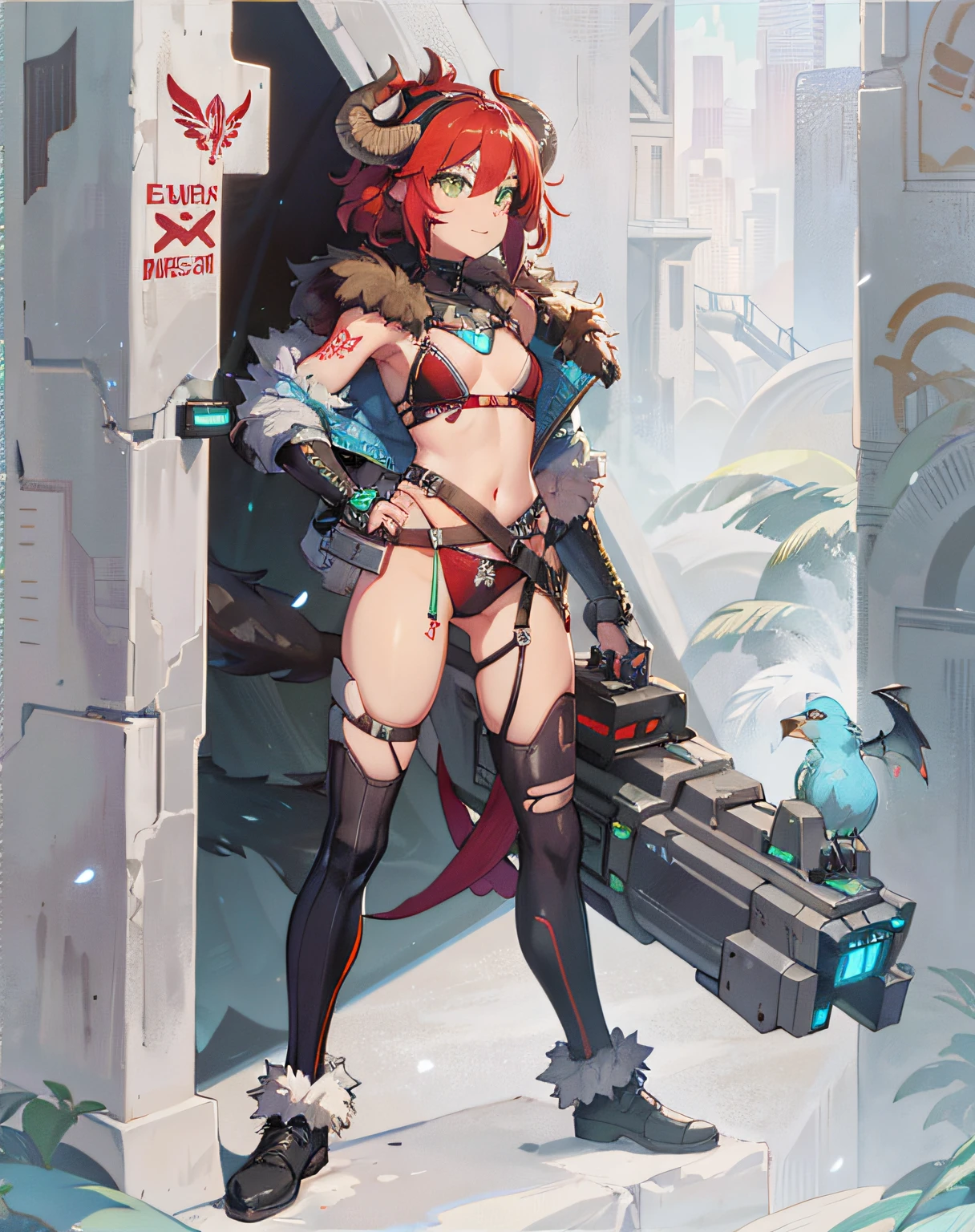 neat face, cyberpunk, armor in the style of Horizon Zero Dawn, Red-haired girl, neat green eyes, pigtails, a wreath of fiery horns on her head, barbarian, a huge techno cannon in her hands, a huntress, bones on the body, insect plates, chitin, fur, small bones, light bones and red fur on the shoulders, dark leather stockings made of strips of cut skin on the legs, ropes and light bones on the body, thin panties, a small bra made of bones, bright red hair, jewelry made of horns, a fur gun. Instead of underpants, rope, bones and chitin, fur shoulder pads and with chitin, a tail of hair on the back of the head, a short haircut, a bionic cannon in the form of the mouth of a wolf, shark, dragon look up. The girl has green eyes, a playful look, a good-natured smile, a neat nose, tight panties, tight thongs, mini-underwear, leaky underwear, torn fabrics, a lot of torn fabrics, a lot of holes in fabrics, a cannon with a monster's head, a cannon barrel in the form of a monster, a flame bursts out of her mouth, a portal in a cannon. The girl has short hair, a ponytail at the back is short and looks up, fur shoulder pads, a jacket on the shoulders, a torn bra, the pubis is open, diagonal straps all over the body, powerful energy escapes from the open toothy mouth of a cannon, a bird's skull on a girl's belly, tattoos, vertebrae on the edges of stockings, cyberpunk, ethnic style of clothing, vintage clothes, worn, prehistoric style, prehistoric jacket, elbow pads made of insects, chitinous cannon, bionic cannon, torn jacket sleeves, chitinous plates on the jacket, flame flashes, cyberpunk, the whole cyberpunk style, a lot of technology, technologies of the future, futurism, science fiction, fantasy, wildness, sexuality, emphasized eroticism, cold lighting, flames from everywhere, a lot of fire, bones on the shoulders, small details on the shoulders, a skull on the belt, the girl has curly hair, tattoos on her face, maximum nudity, diagonals, caveman, prehistoric image,