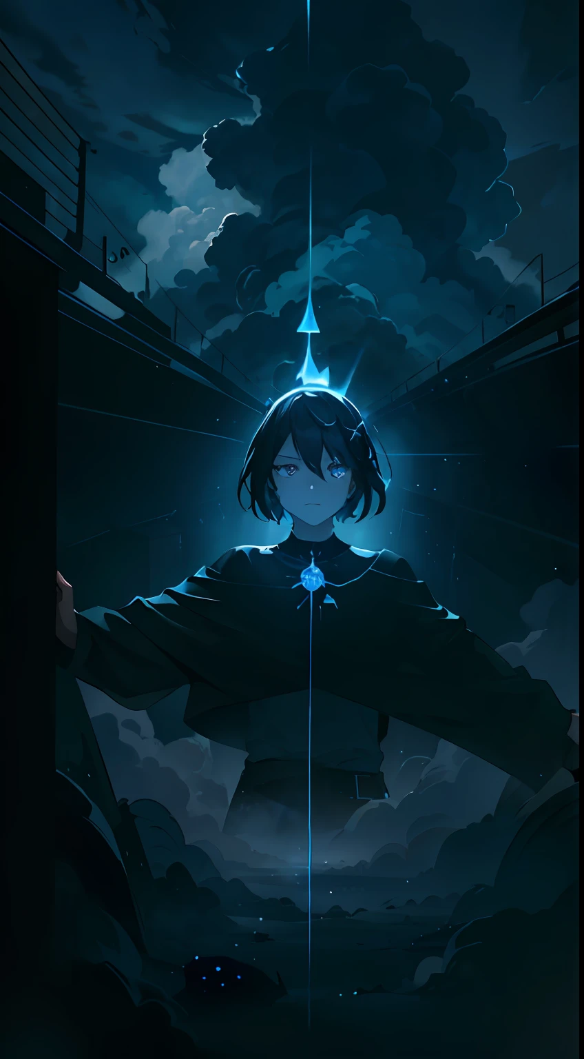 A black cloud with blue enchanting points of light inside, surrounded by darkness, weirdness, absurdity, mystery, sacrifice, terror.