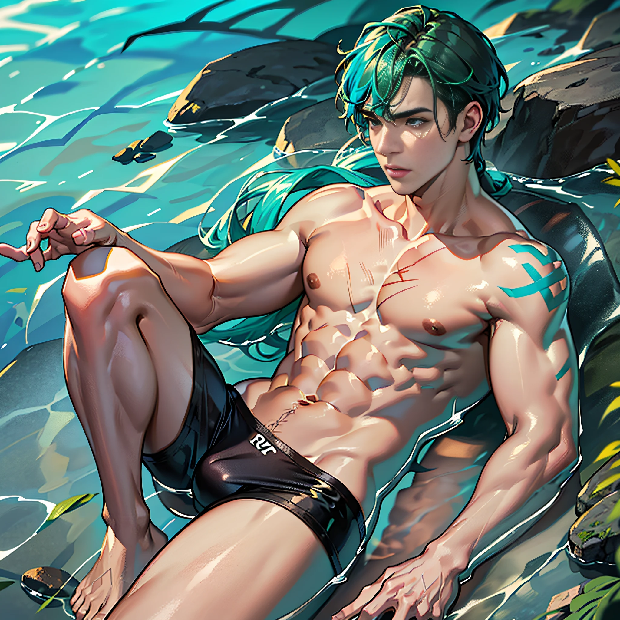 1boy, ((bara:1.5)), sport body, sexy, spread legs, detailed face, detailed hands, detailed legs, detailed fingers, detailed hair, detailed eyes, detailed skin, dynamic lighting, (detailed lighting:1.2), (detailed textures:1.3), (realistic lighting:1.2), realistic shadows, realistic skin, (photorealistic:1.4), 8k uhd, (hyper realistic), (photo realistic), (masterpiece), (best quality), body paint, small tiny black g-string, bare chest, flat chest, bare shoulders, small bulge, underwater, wide angle, swimming, athletic body, male, iridescent skin, perfect eyes, messy green hair , bio-luminescent