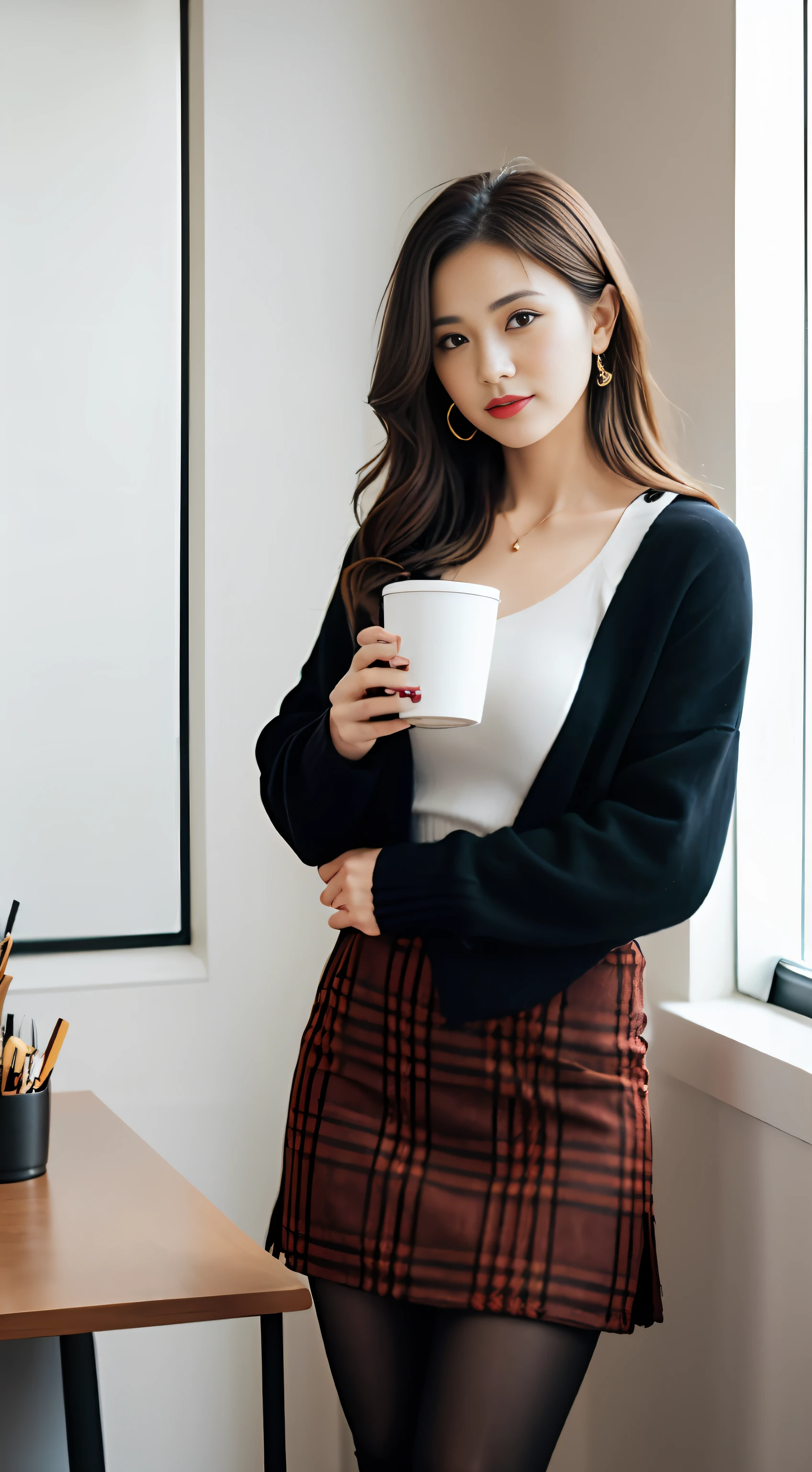 Indoors, portrait, a 25-year-old woman holding a coffee cup, black cropped knitted cardigan, arm:1, dark red narrow skirt with black plaid pattern, black knee-high suede boots, standing next to an office window