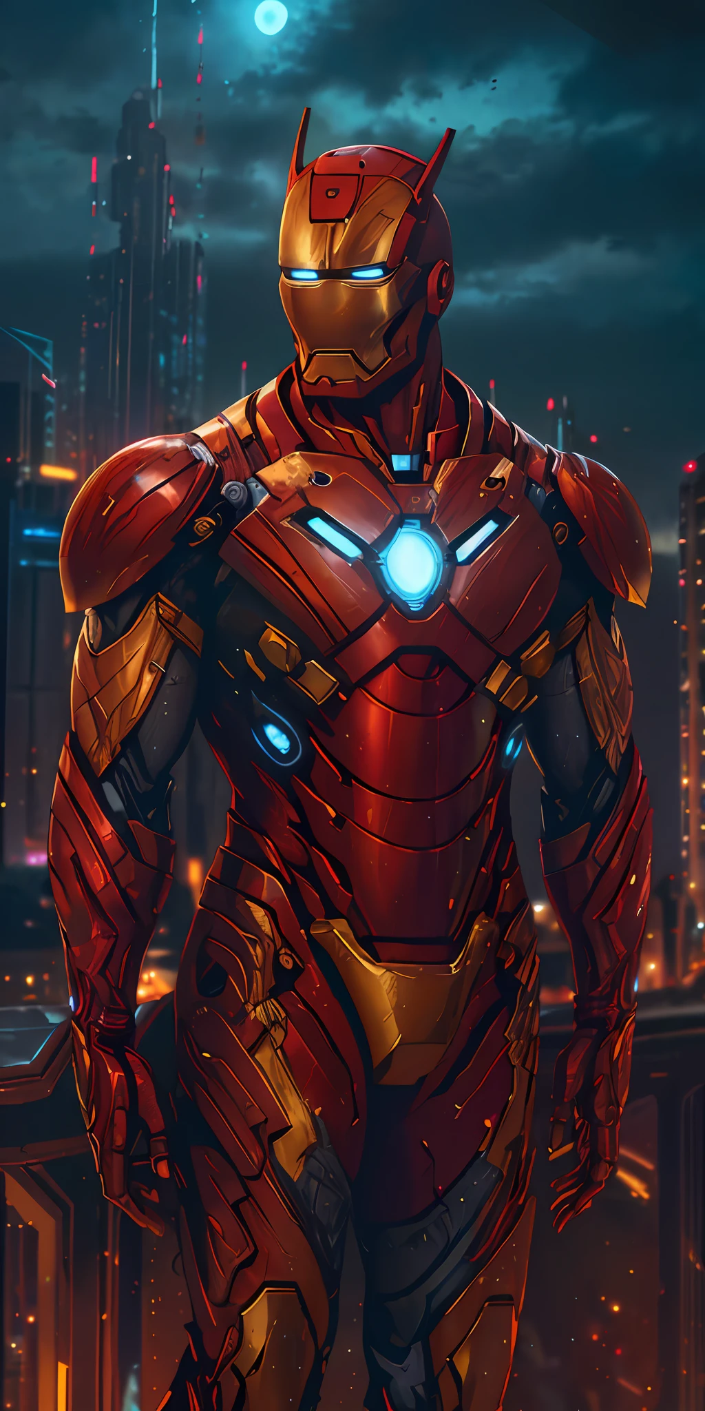 ("Iron Man from Avengers: Endgame") wearing cybernetic (Golden red Iron man suit) stands imposing in a Dark futuristic city. Moonlight highlights your muscles and scars. The scenery is lush and mysterious, with dark city and surroundings. The camera details everything, a warrior woman, in front of him.